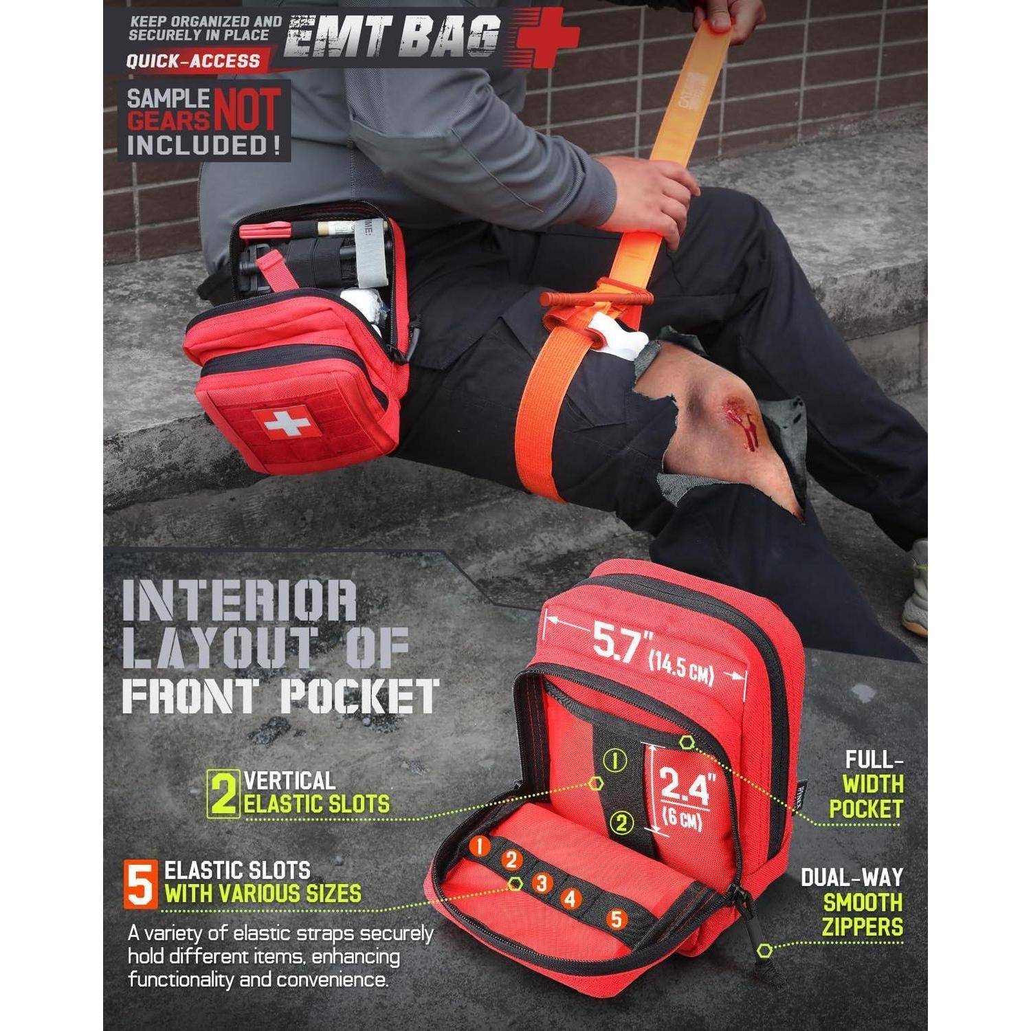Rote Rettungssanitäter-Tasche auf einem Einsatzkräftigen, die die Vorderseite mit 2 vertikalen elastischen Schlitzen, 5 elastischen Schlitzen, einer vollbreiten Tasche und zweiweigen glatten Reißverschlüssen zeigt.