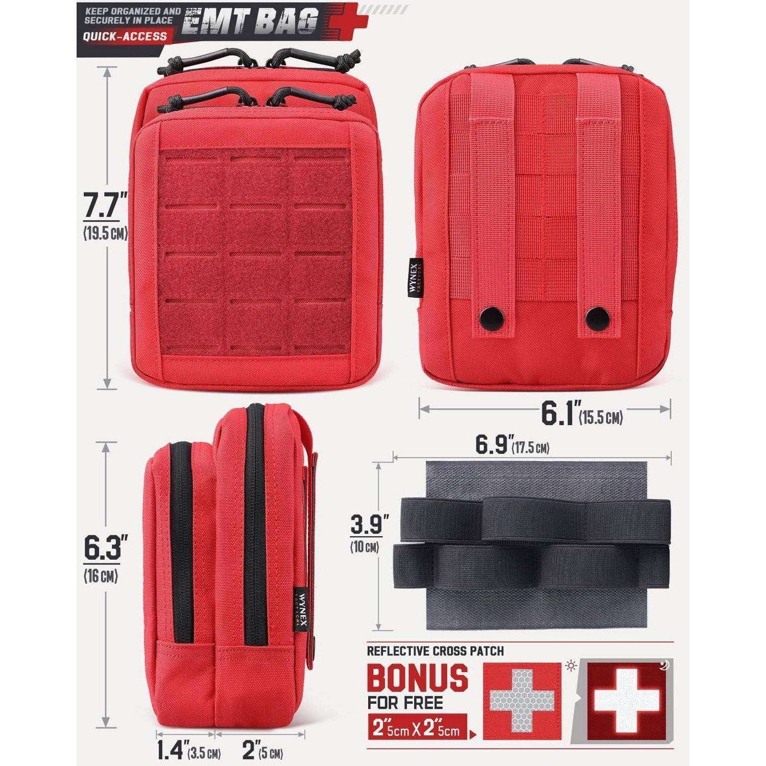 Produktdiagramm einer roten EMT-Tasche mit Vorder-, Rück-, Seiten- und Riemendetailansicht mit Abmessungen: 7,7 x 6,1 x 6,3 Zoll, plus Bonus-reflektierende Kreuzpatches.