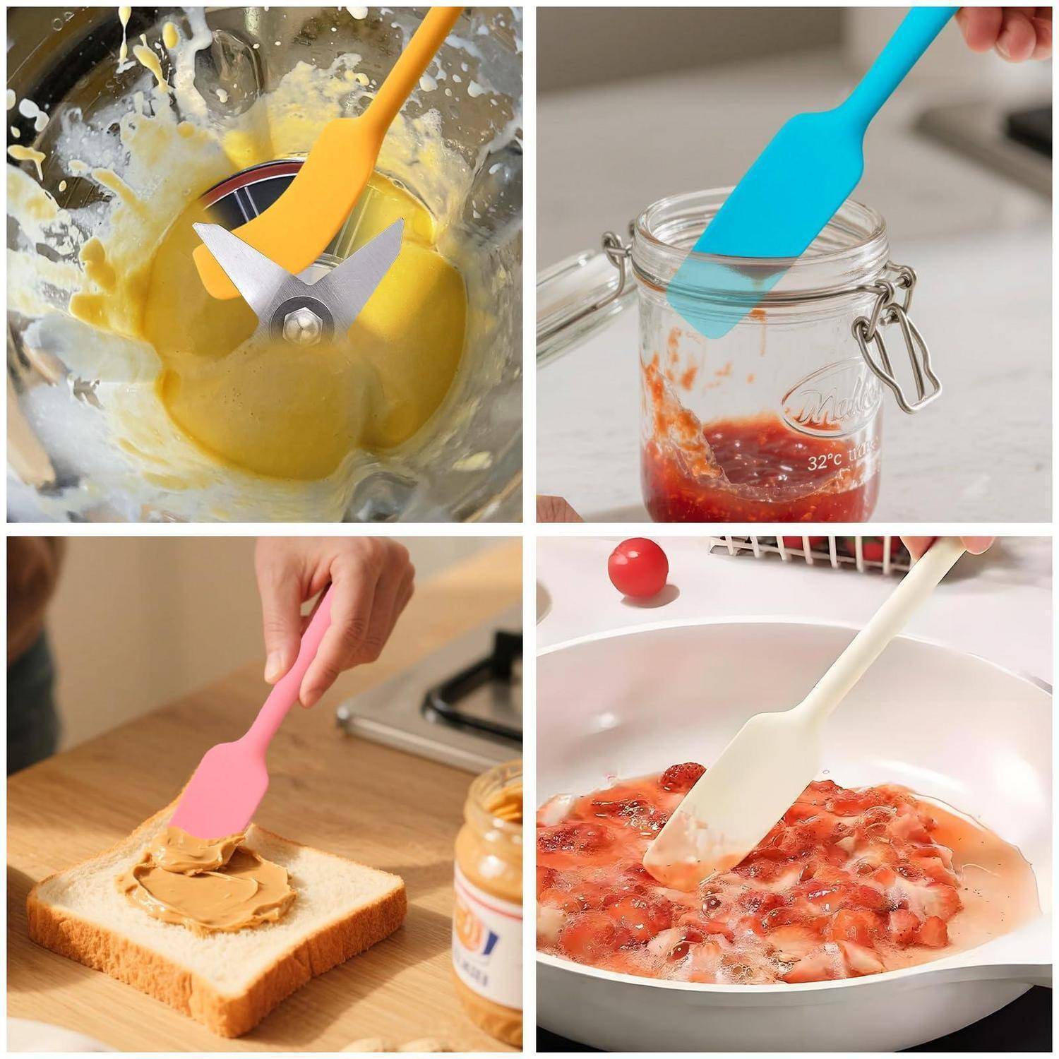 Collage aus vier Silikonspachteln, die Mischungen rühren und kratzen: Teig in einer Küchenmaschine, Soße in einem Glas, Erdnussbutter auf Brot und Erdbeeren in einer Pfanne.