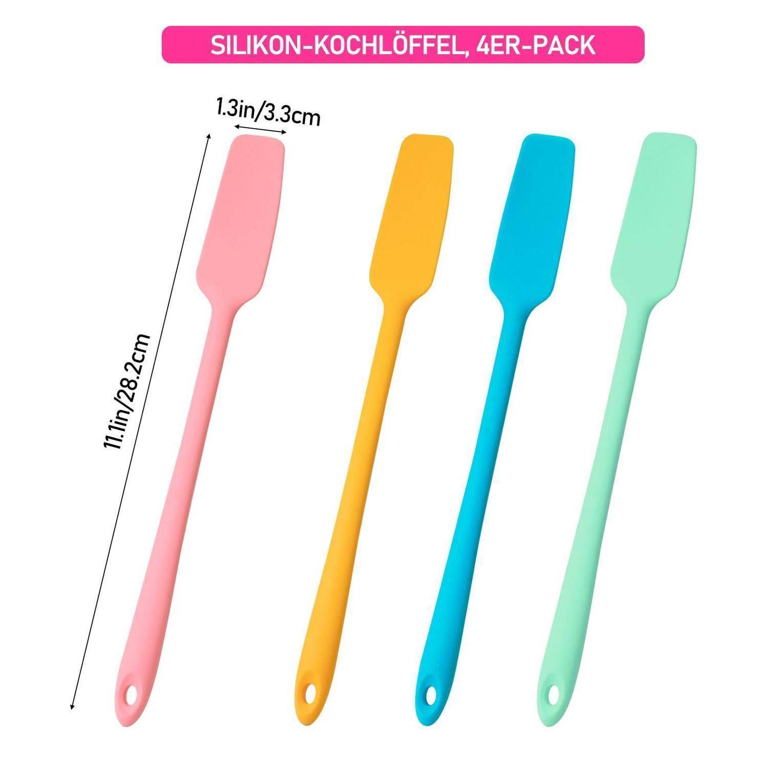 Bild von vier Silikonkochlöffeln in Rosa, Gelb, Blau und Mintgrün, gekennzeichnet mit „SILIKON-KOCHLÖFFEL, 4ER-PACK