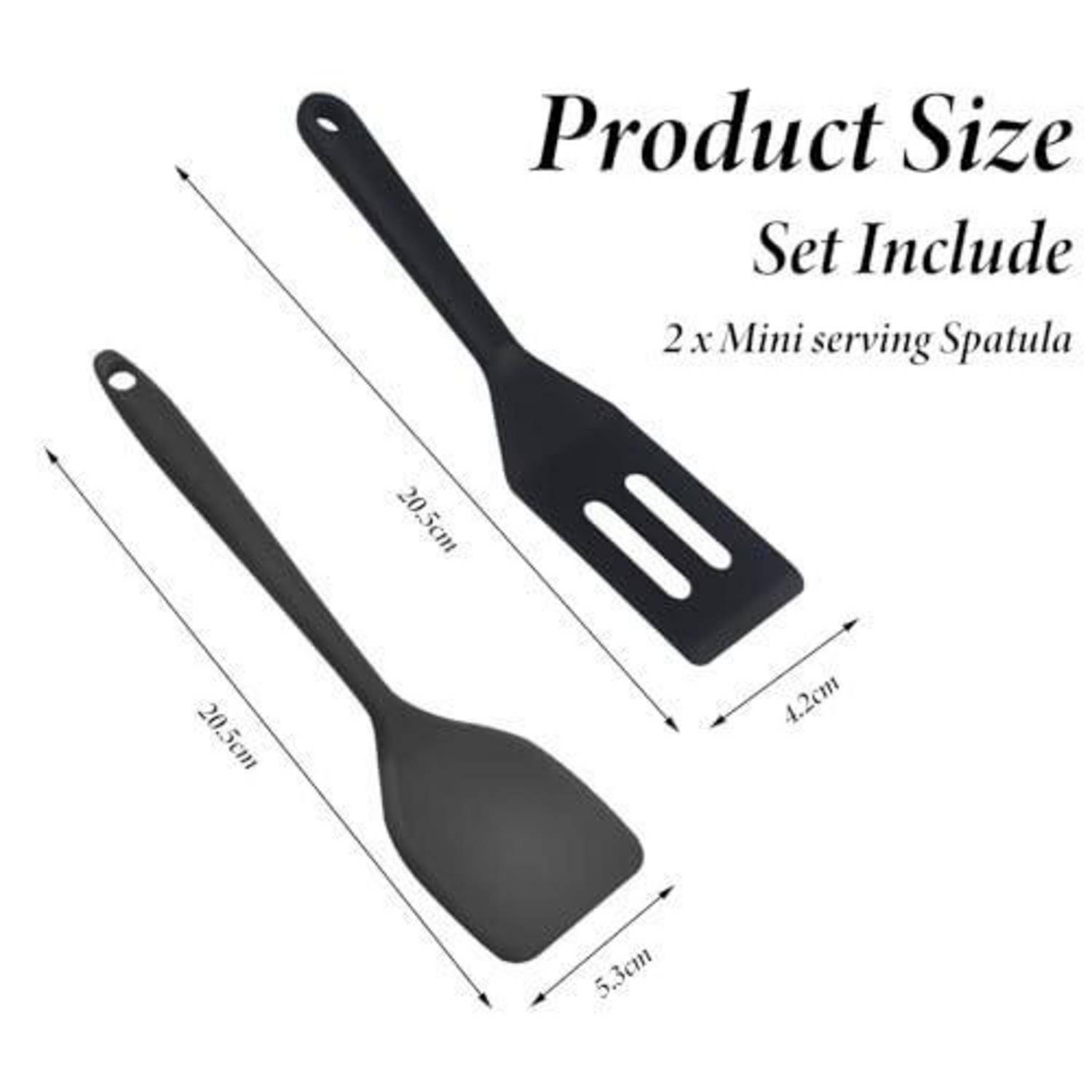 Produktgrößendiagramm für zwei Mini-Servierspachteln, das eine durchgehende und eine Schlitzspachtel mit Abmessungen von 20,5 cm Länge und 5,3 cm oder 4,2 cm Breite zeigt.