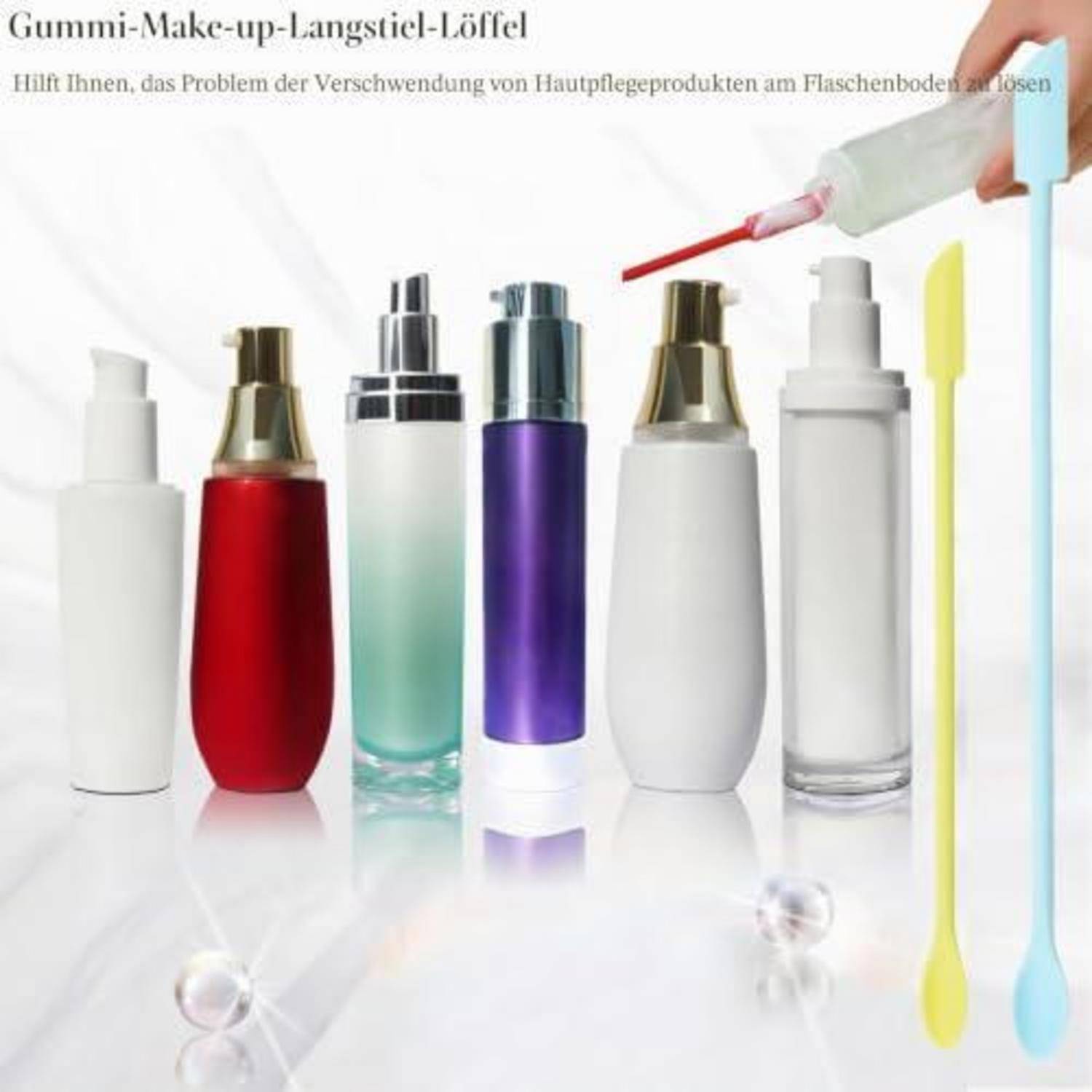 Werbung für eine Gummi-Spatel Make-up-Flasche; Text besagt, dass sie hilft, die Verschwendung von Hautpflegeprodukten am Boden der Flasche zu lösen.