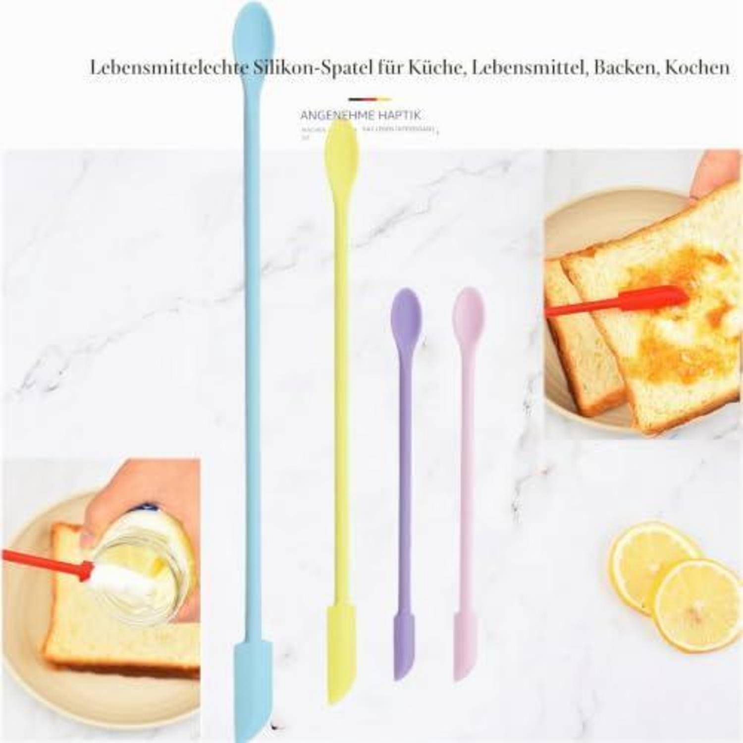 Satz farbiger Silikonspatel zum Kochen und Backen, gezeigt mit Beispielen zum Verteilen von Lebensmitteln und deutschem Produkttext: „Lebensmittelechte Silikon-Spatel für Küche, Lebensmittel, Backen, Kochen