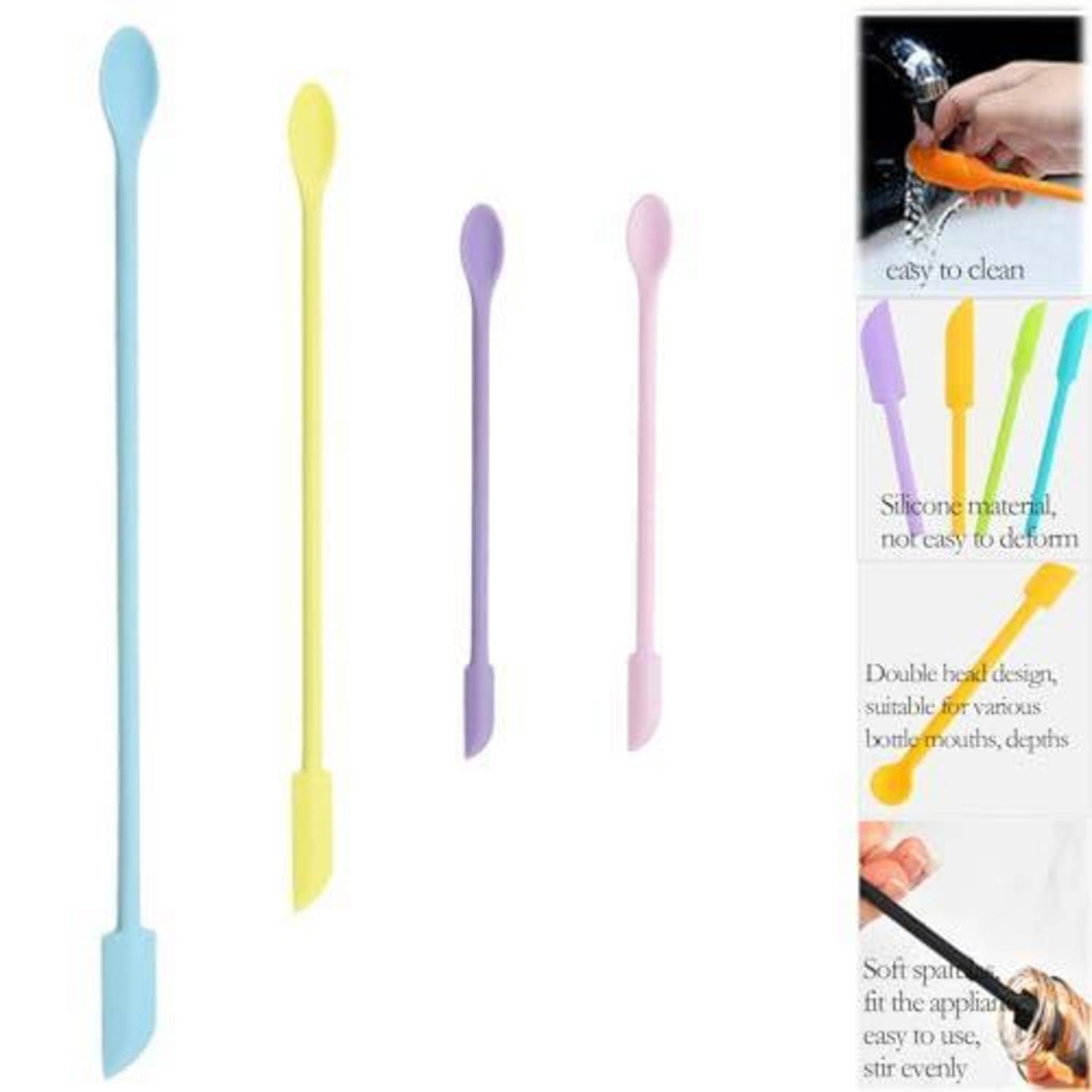 Vier farbenfrohe Silikon-Flaschenreinigungsbürsten mit langen Griffen und spatelartigen Spitzen, plus eingefügte Nahaufnahmen, die einfache Reinigung, flexibles Material und das Doppelkopf-Design zeigen.