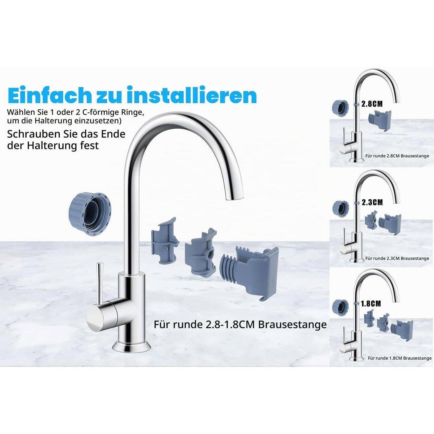 Anzeige eines chromfarbenen Küchenarmatur mit Montagezubehör und deutschen Anweisungen zur einfachen Installation an runden 2,8–1,8 cm Armaturenstangen.