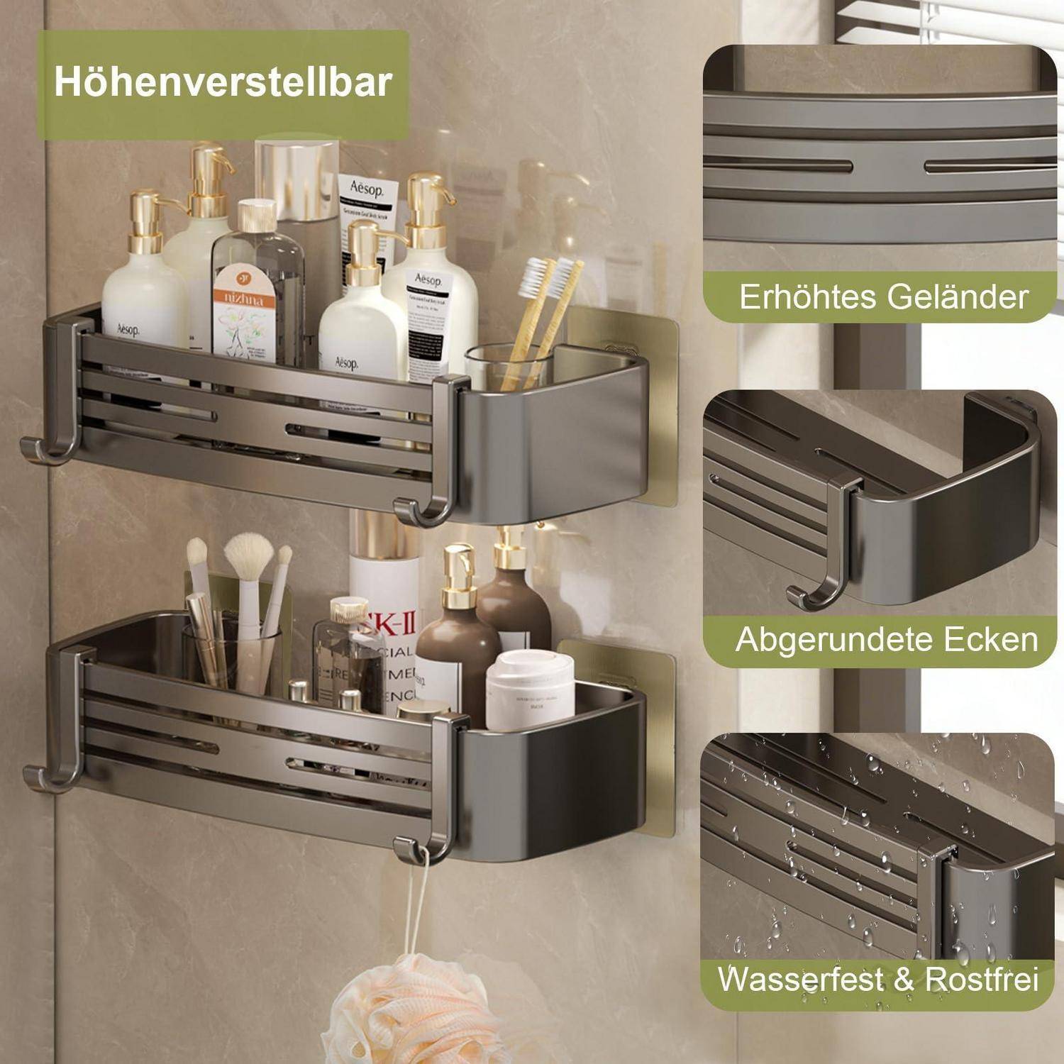 Wandmontiertes Badezimmerregal mit verstellbarer Höhe, erhöhter Schiene, abgerundeten Ecken und rostfreiem, wasserdichtem Metallfinish, abgebildet mit Toilettenartikeln.