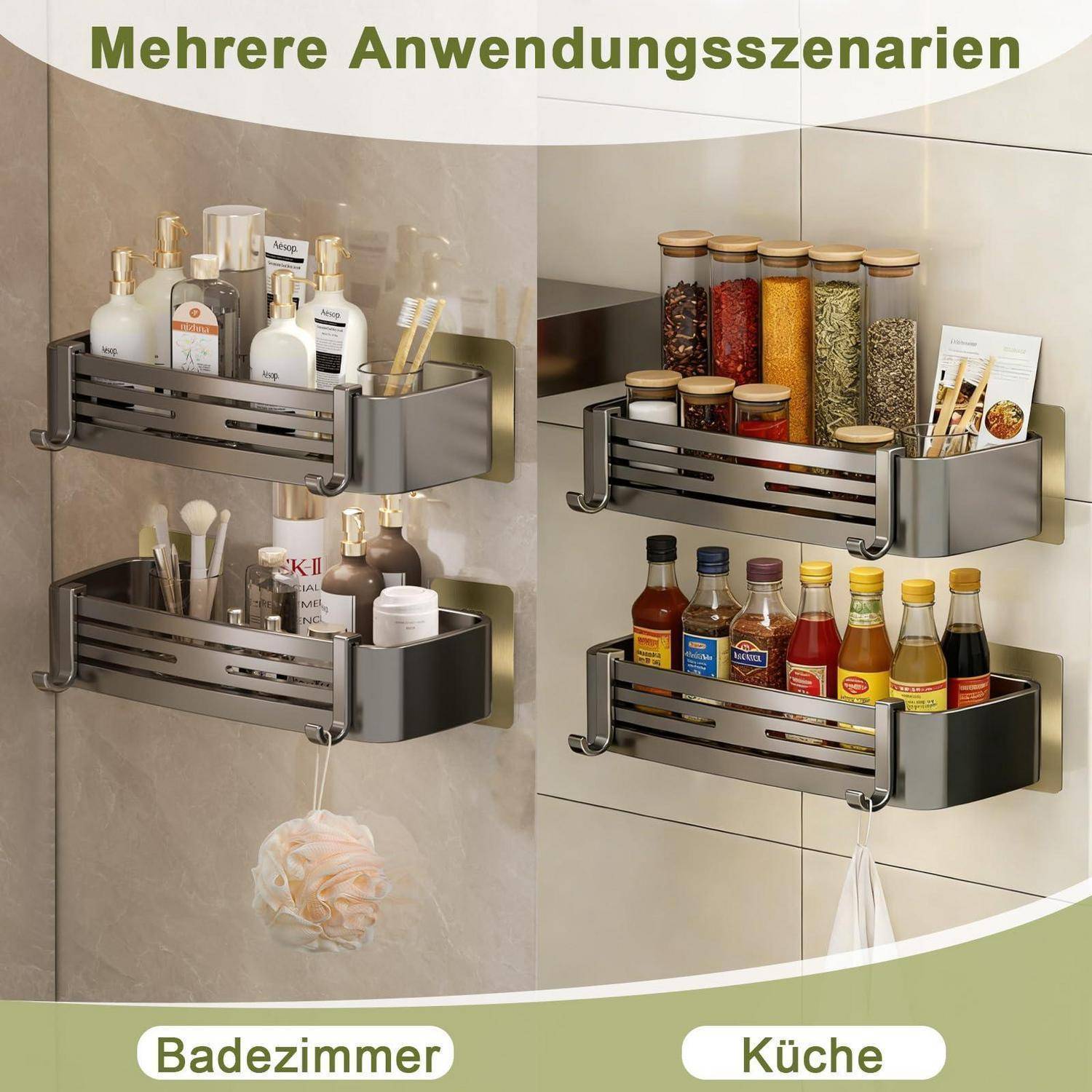 Produktbild mit an der Wand montierten Aufbewahrungskörben in einem Badezimmer und einer Küche, gekennzeichnet mit „Mehrere Anwendungsszenarien", „Badezimmer"" und „Küche"".