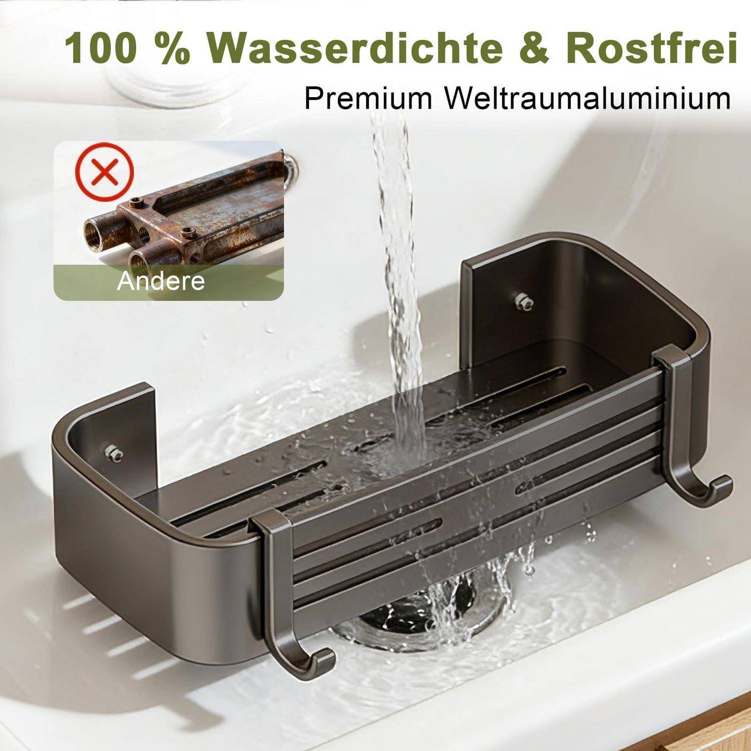 Rostfreies, wasserdichtes Premium-Aluminium-Duschregal über einem Ablauf, durch den Wasser fließt; Ausschnitt zeigt eine rostige Alternative, die mit einem roten X und „Andere" gekennzeichnet ist