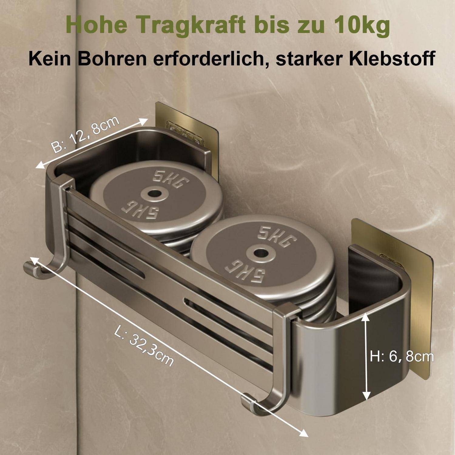 Wandmontiertes Metallaufbewahrungsregal mit zwei 5-kg-Gewichtplatten; deutscher Text besagt „Hohe Tragfähigkeit bis zu 10 kg" und „Kein Bohren erforderlich, starker Klebstoff"".