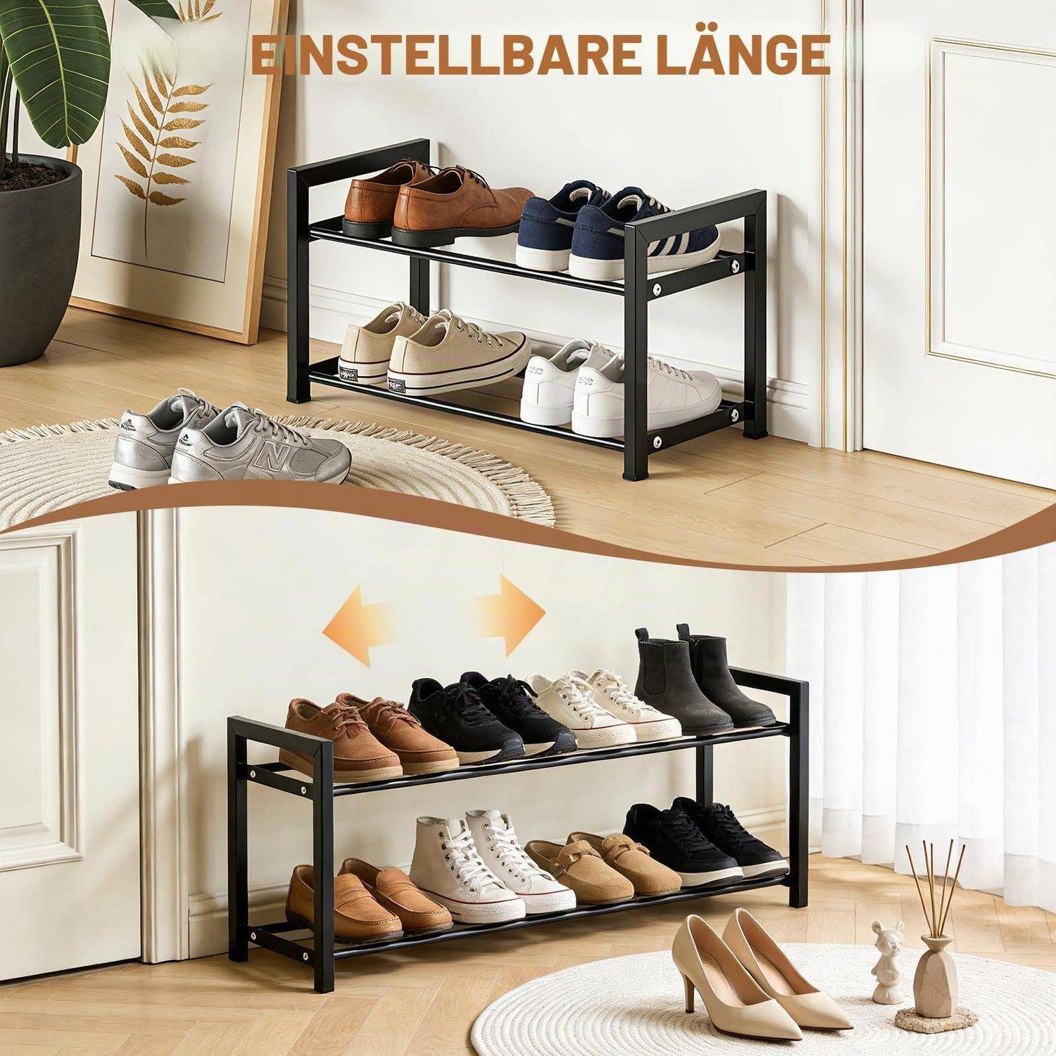 Schuhregal ausziehbar 2 Ebenen Metall 45-80 cm Schwarz