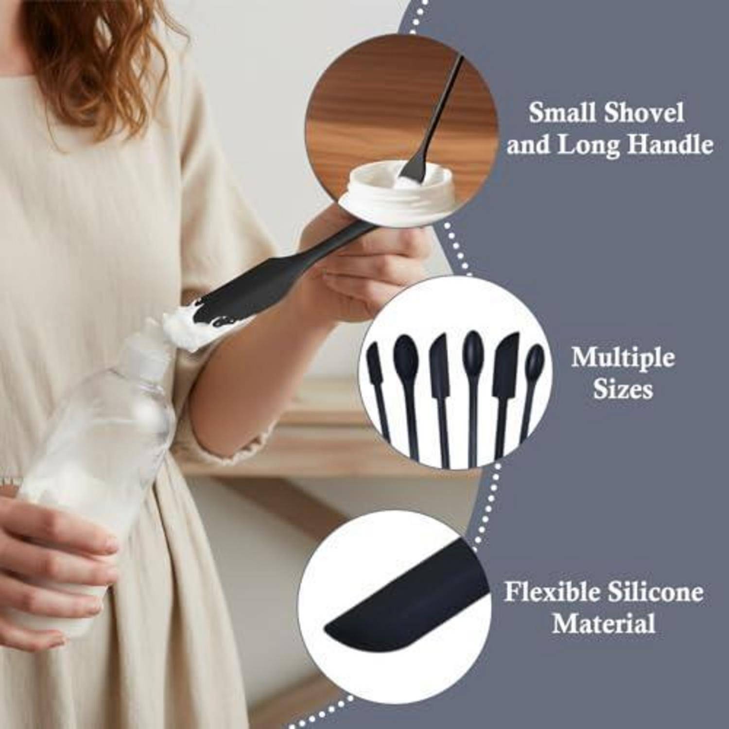 Die Person verwendet einen langstieligen Silikon-Spatel an einem Glas, mit Beschriftungen, die das kleine Schaufel-Design, mehrere Größen und das flexible Silikonmaterial hervorheben.