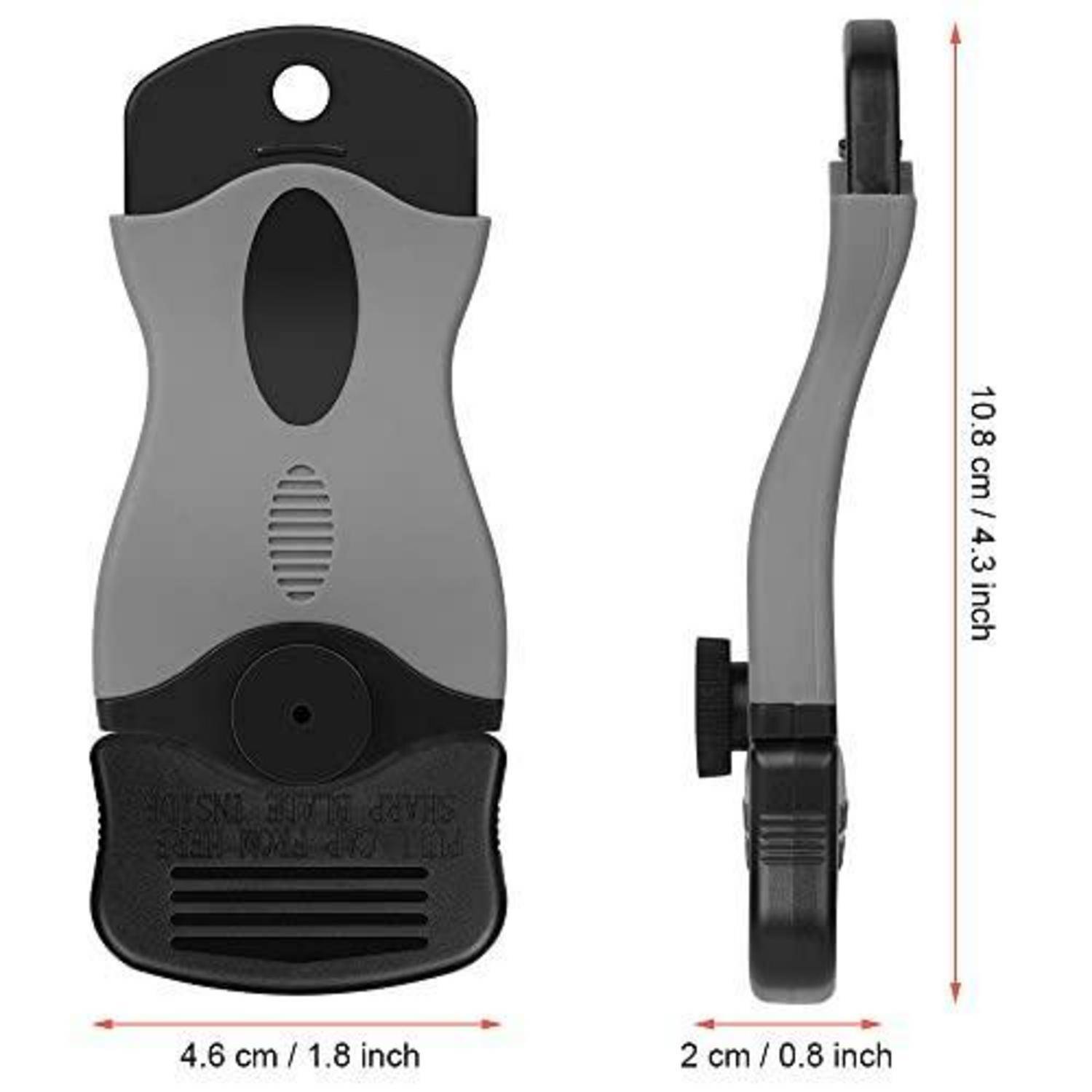 Kompaktes grau-schwarzes wandmontiertes Gerät mit Vorder- und Seitenansicht und Abmessungen: 10,8 cm hoch, 4,6 cm breit, 2 cm tief.