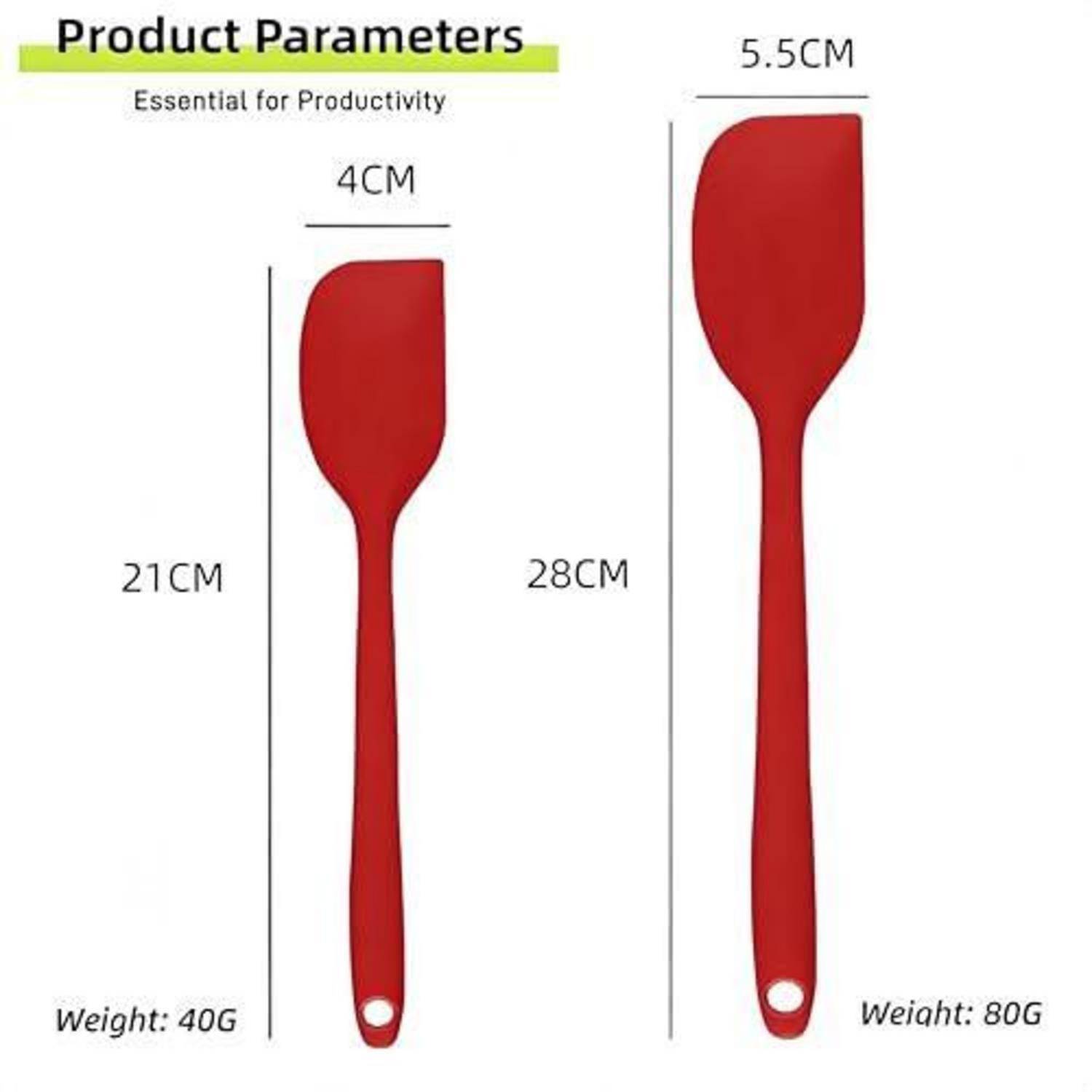 Produktparameter-Bild, das zwei rote Spachteln vergleicht: 21 cm lang, 4 cm breit, 40 g versus 28 cm lang, 5,5 cm breit, 80 g.