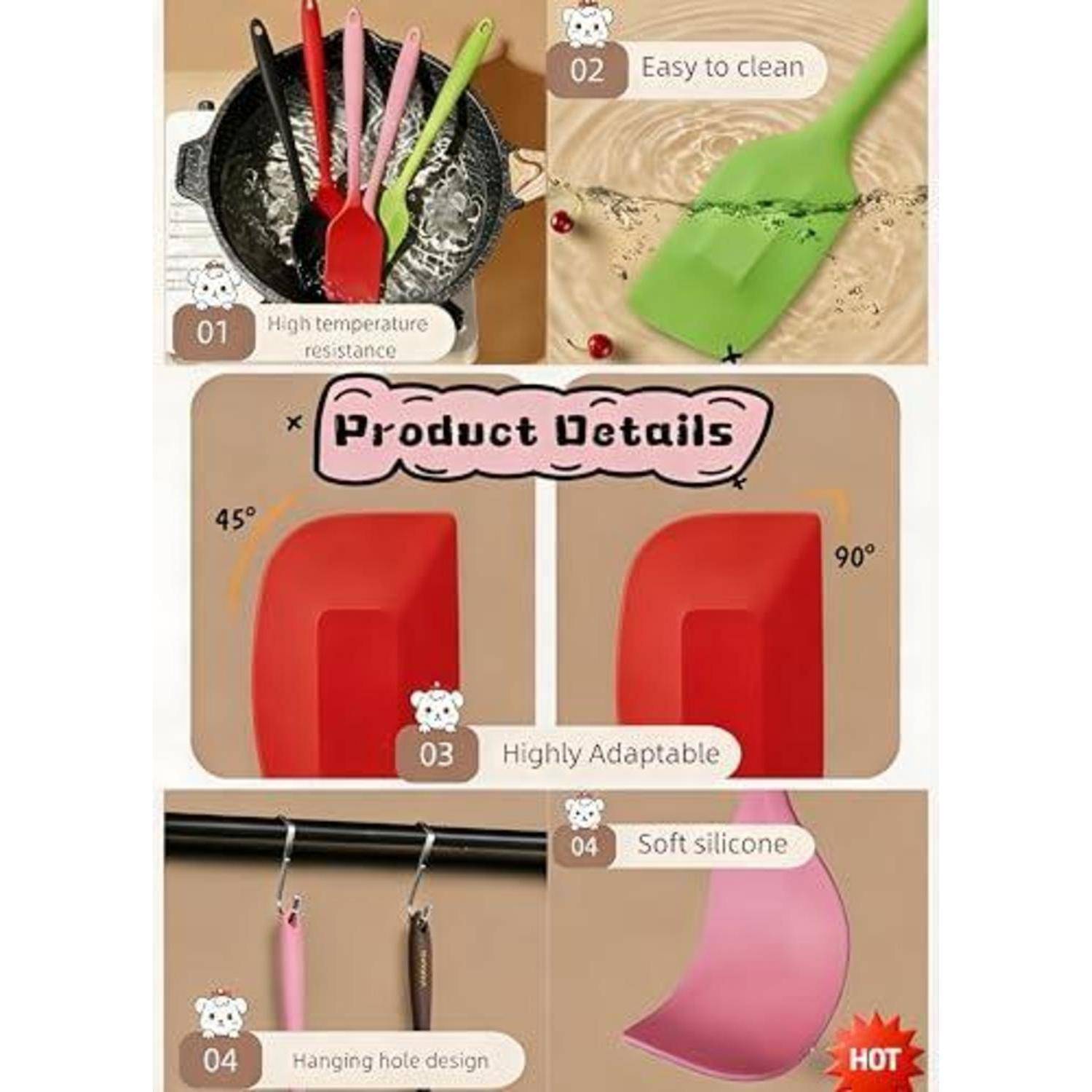 Produktdetails für Werbeprodukte von Silikonkochgeräten: hitzebeständig, leicht zu reinigen, hochgradig anpassbar, weiches Silikon, mit Aufhängeloch-Design und Spachtel im 45°/90°-Winkel.