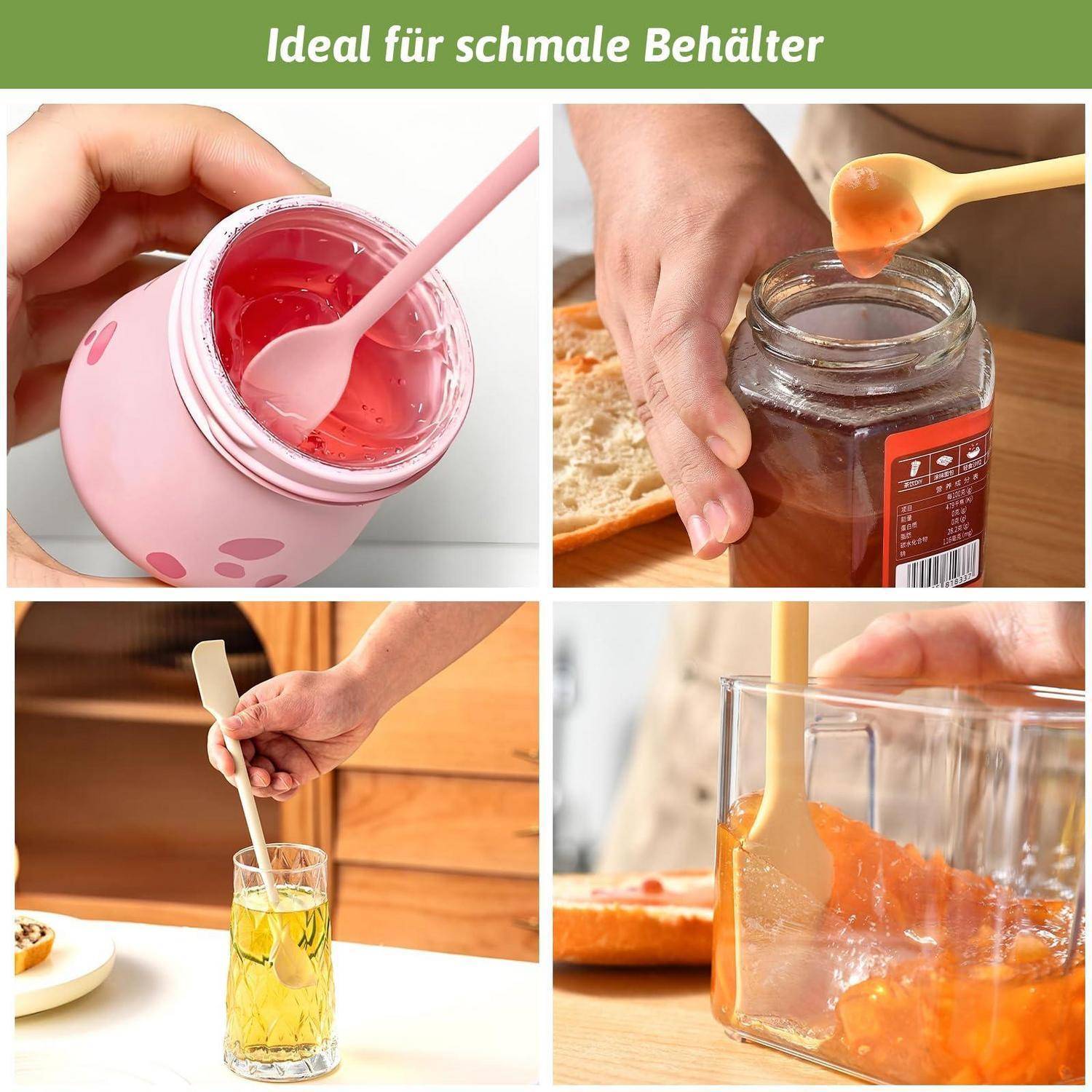 Collage zeigt einen langstieligen Spoonscaper, der in enge Gläser und Behälter reicht, um Marmelade, Honig und Getränke herauszulöffeln; Text lautet „Ideal für schmale Behälter