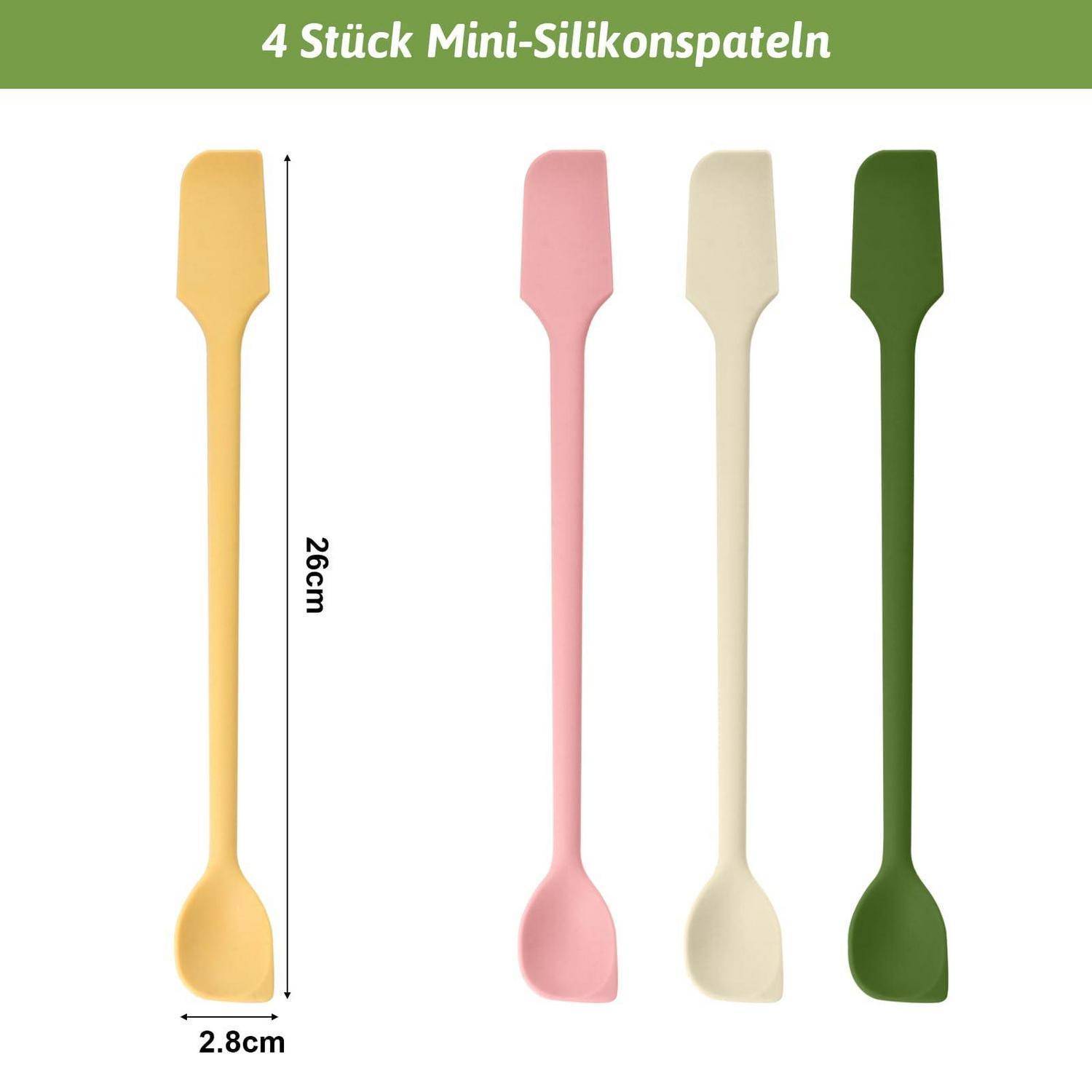 Vier Mini-Silikonspachtel in Gelb, Rosa, Beige und Grün; die Abbildung kennzeichnet sie als 26 cm lang und 2,8 cm breit.