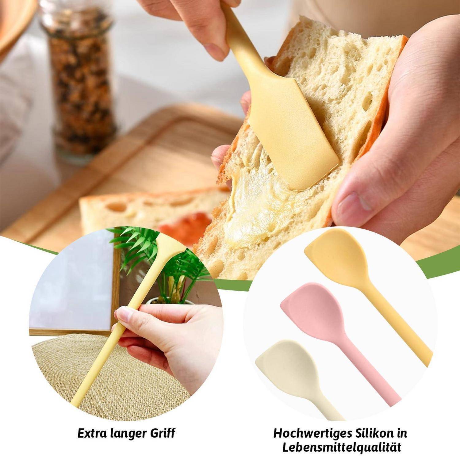 Nahaufnahme einer Hand, die mit einem gelben Silikonspatel Butter auf Brot streicht; eingefügte Kreise zeigen den Spatelheft und drei pastellfarbene Spatel.