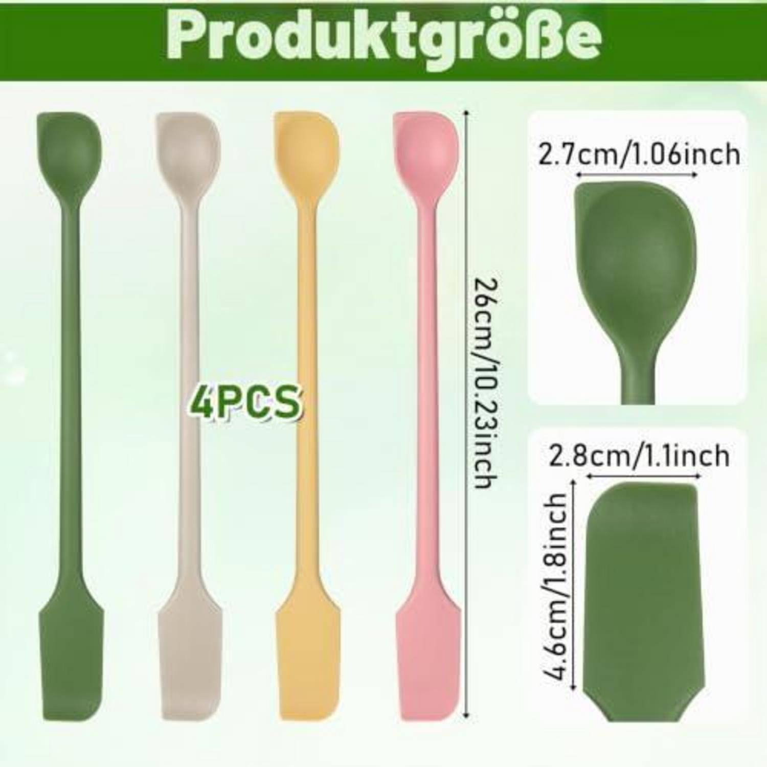 Produktgrößen-Grafik mit vier langen Spateln/Löffeln in Grün, Beige, Gelb und Rosa, gekennzeichnet mit „4 STÜCK