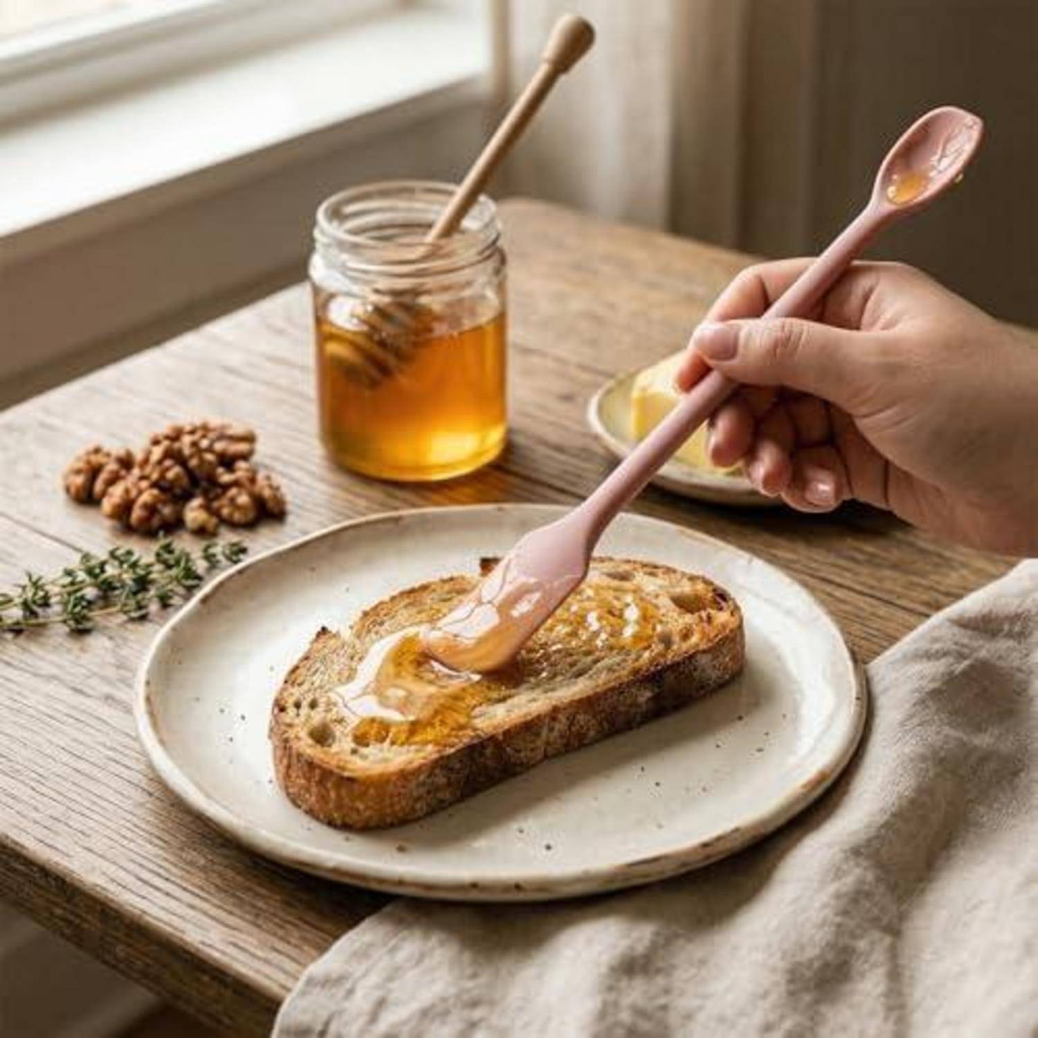 Eine Hand träufelt Honig auf eine Scheibe Toast auf einem Teller, mit einem Glas Honig und Walnüssen auf einem Holztisch.