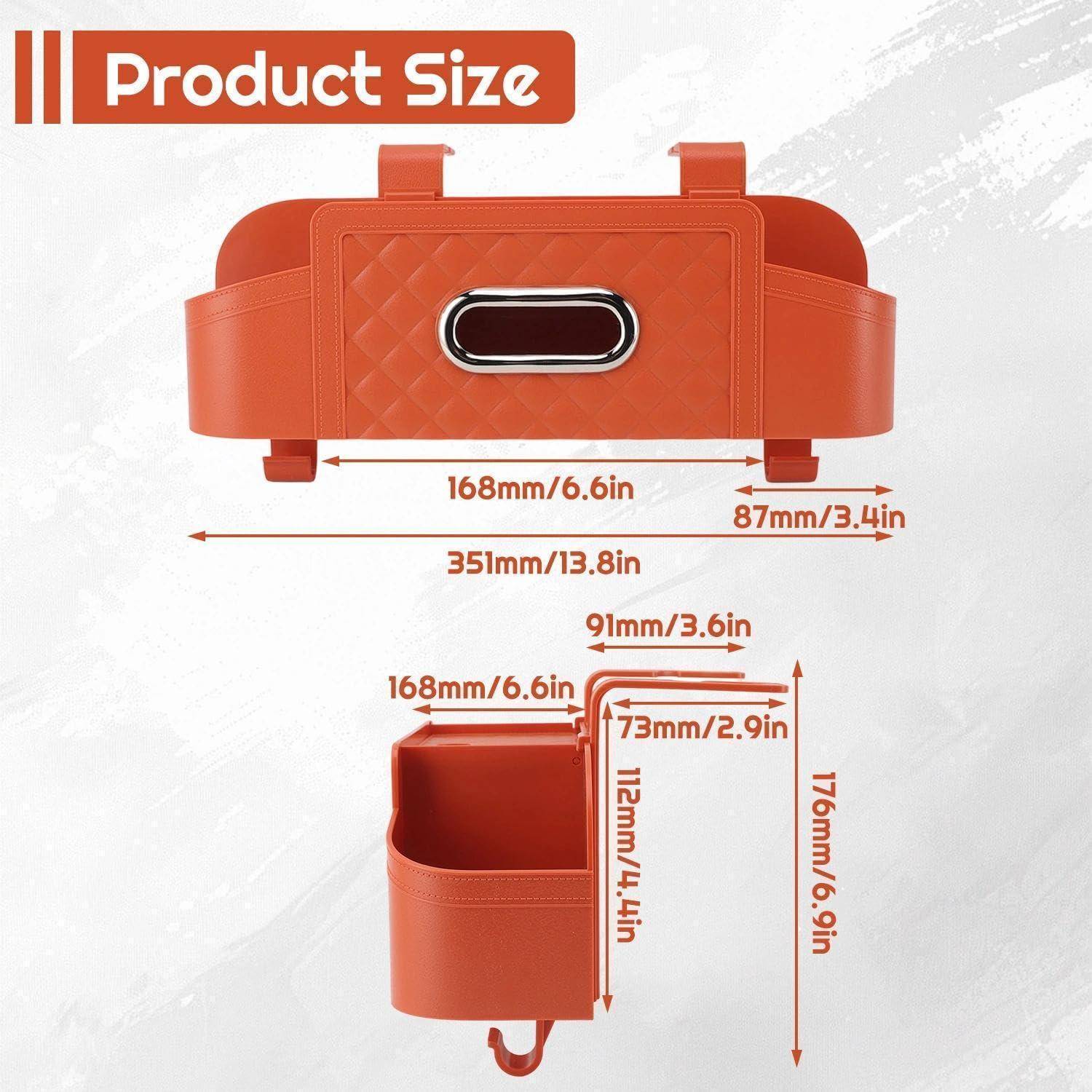 Produktgrößendiagramm mit einer orangefarbenen Tasche: 351 mm x 168 mm x 87 mm Gesamtabmessungen, mit 168 mm x 73 mm x 112 mm und 91 mm x 176 mm Schnittmessungen.