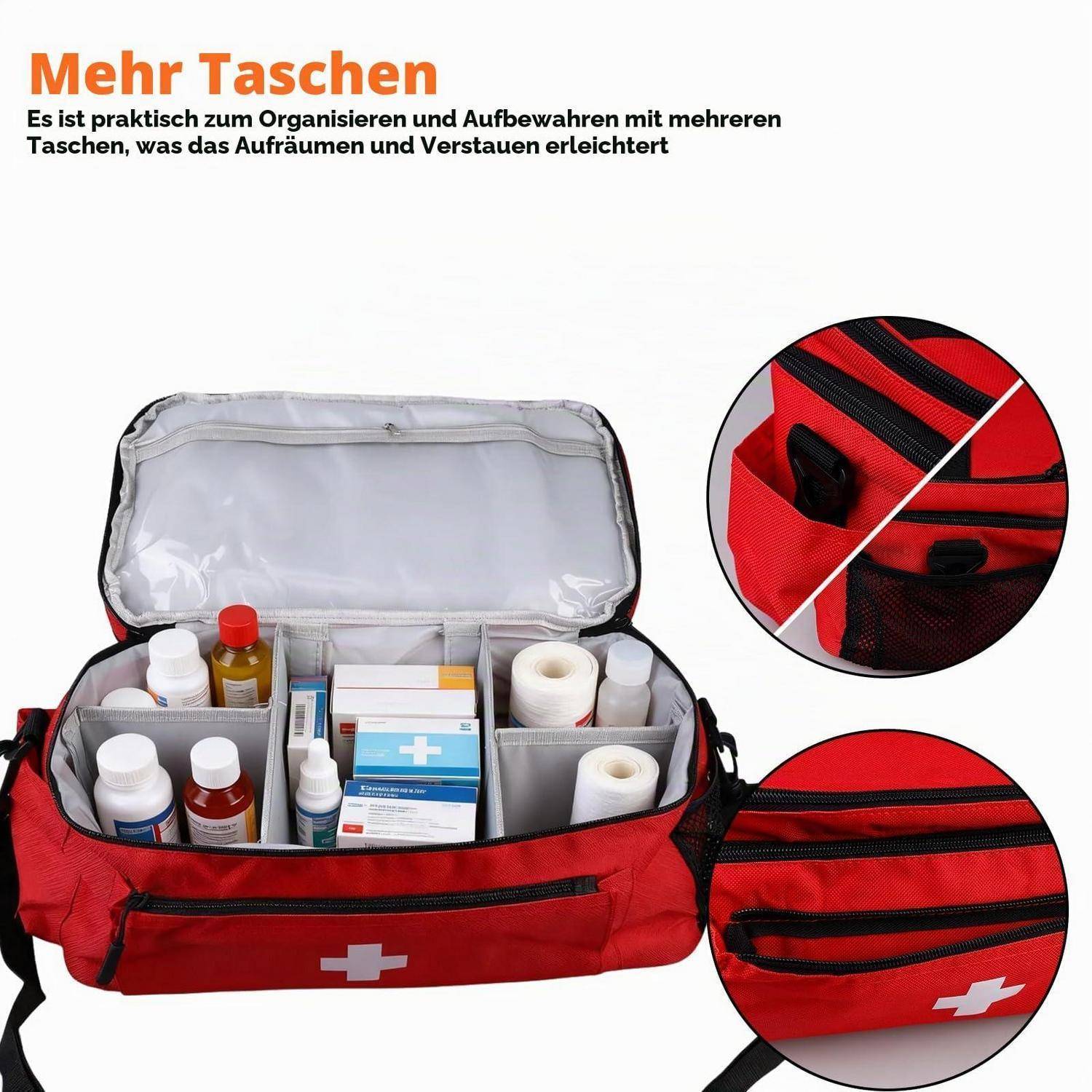 Rote medizinische Organizer-Tasche mit mehreren inneren und äußeren Taschen, aufgeklappt dargestellt und gefüllt mit Erste-Hilfe-Materialien; deutscher Text sagt „Mehr Taschen" und erklärt einfachere Organisation.