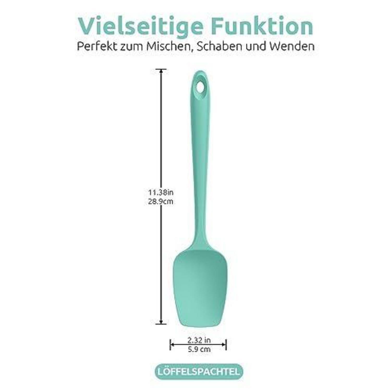 Türkise Silikonspatel mit den Abmessungen 11,38 Zoll und 2,32 Zoll dargestellt; deutscher Text besagt, dass er vielseitig zum Mischen, Kratzen und Wenden geeignet ist.