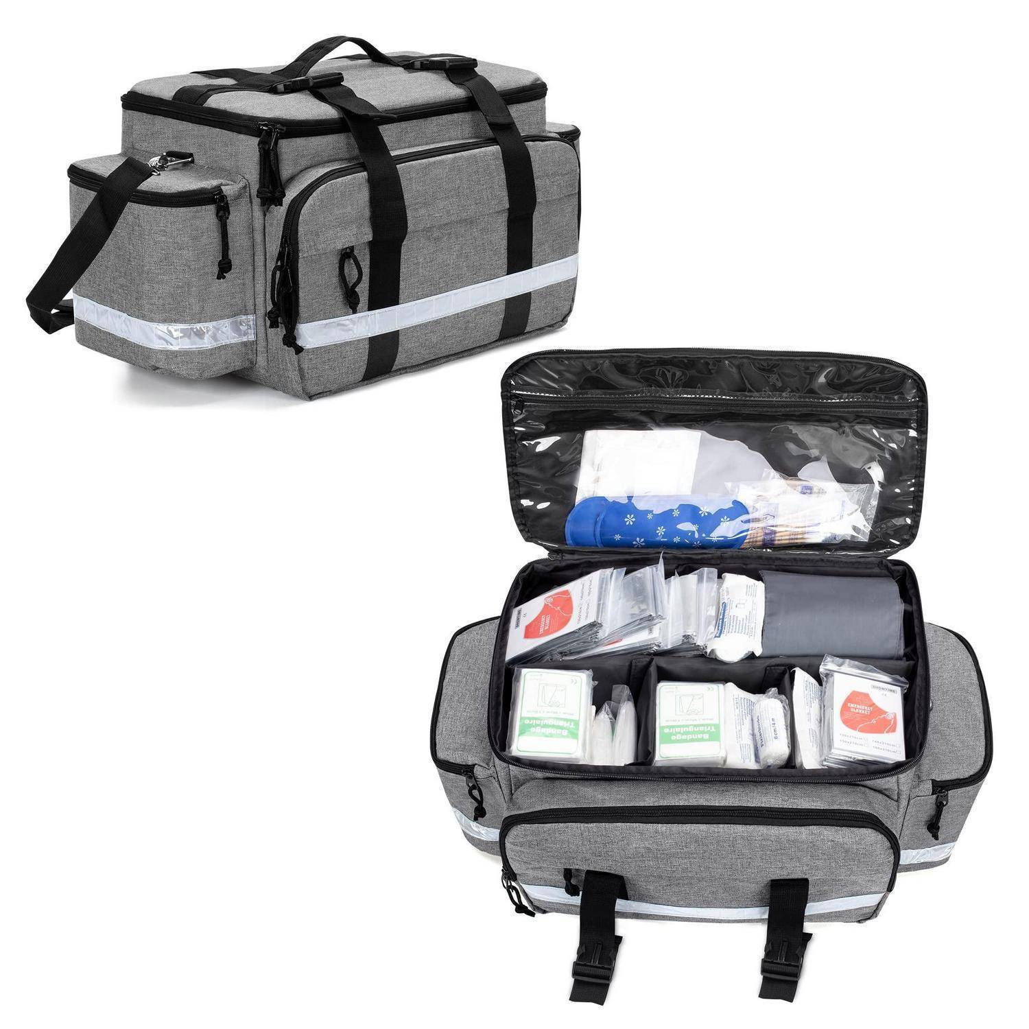 Graue isolierte Kühlertasche mit schwarzen Riemen und Seitentaschen, dargestellt geschlossen und offen mit organisierten Erste-Hilfe- und medizinischen Materialien im Inneren.