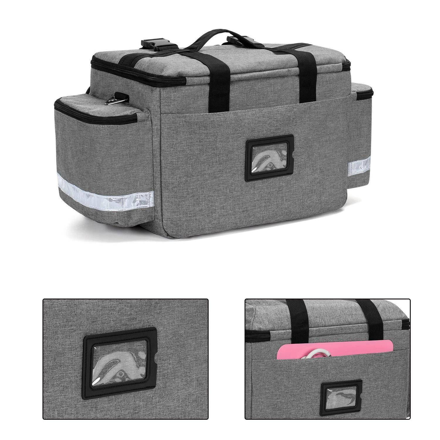 Graue isolierte weiche Kühlertasche mit oberen Griffen, Vorderfenster und Seitentasche; Detailansichten zeigen das Fenster und einen rosa Gegenstand in der Tasche.