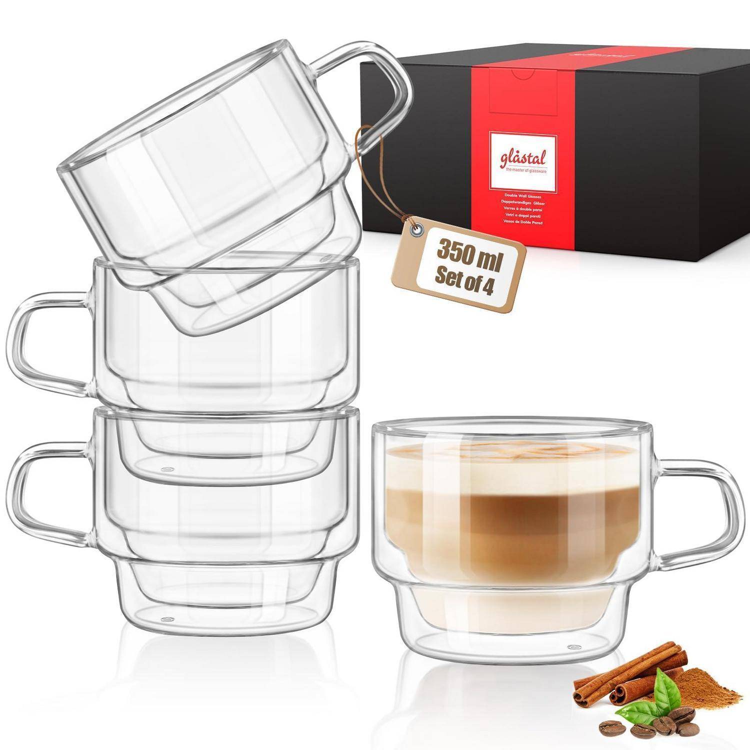 Produktfoto von vier durchsichtigen Glaskaffeetassen, beschriftet mit „350 ml Set von 4