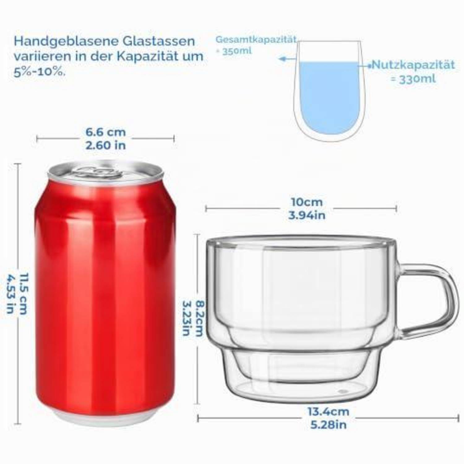Diagramm zum Vergleich einer Getränkedose und eines Glasbechers: Die Dose ist 11,5 cm groß und 6,6 cm breit; der Becher ist 8,2 cm groß, 13,4 cm breit, fasst 350 ml, 330 ml nutzbar.