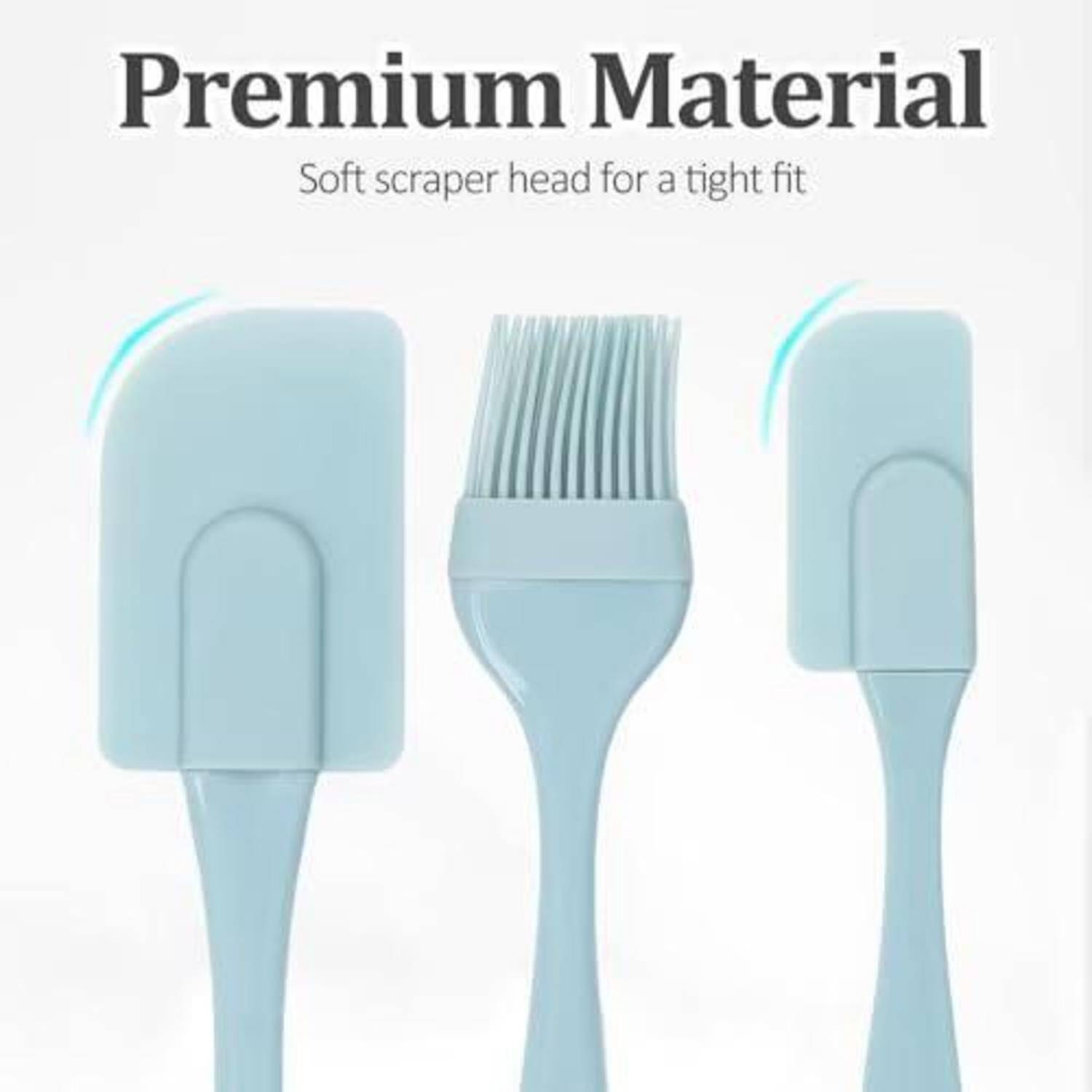 Produktgrafik zeigt ein hellblaues Schaber-Bürstenset mit dem Text „Premium-Material