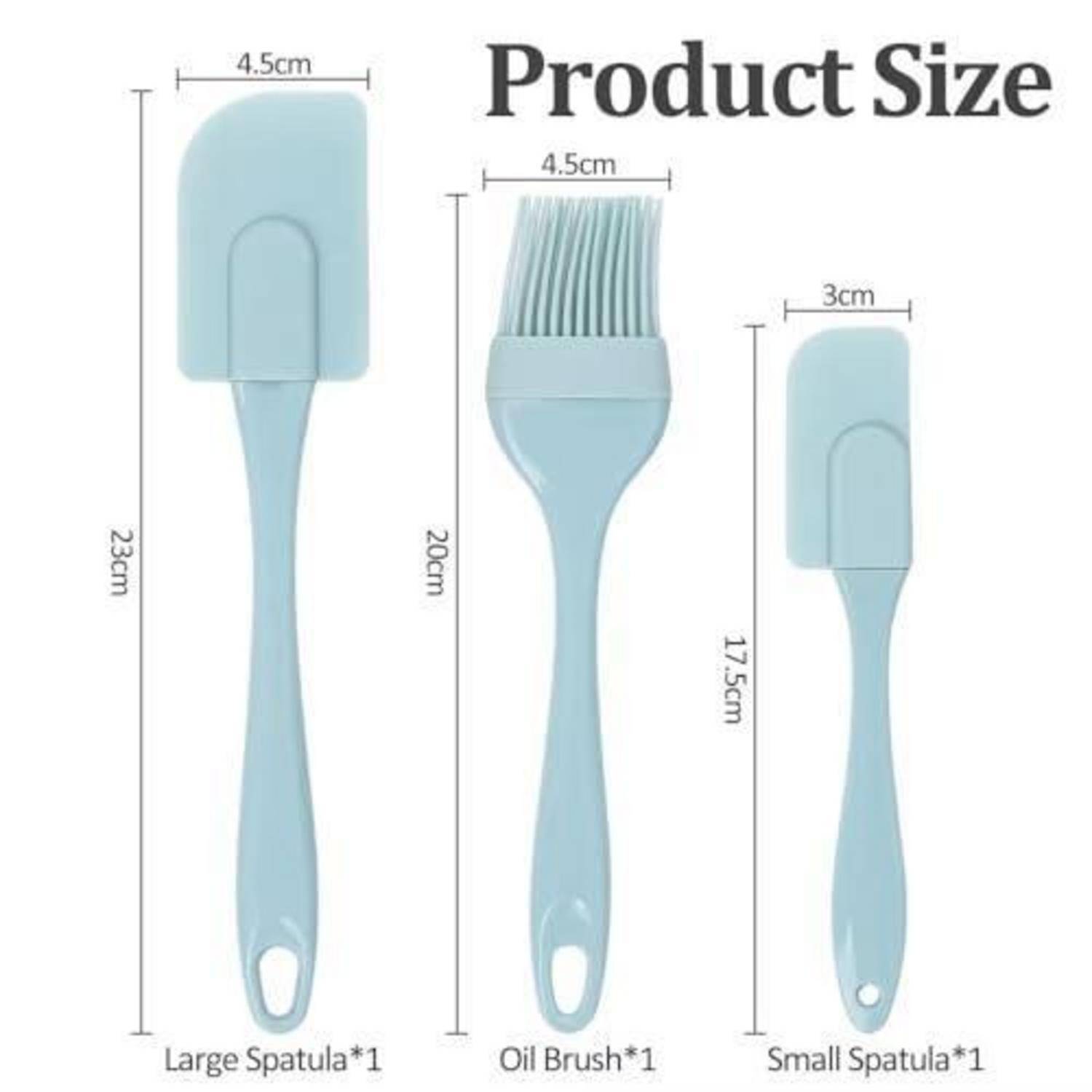 Größentabelle für Produkte mit drei hellblauen Küchengeräten: großer Spatel 23 cm, Ölpinsel 20 cm und kleiner Spatel 17,5 cm.