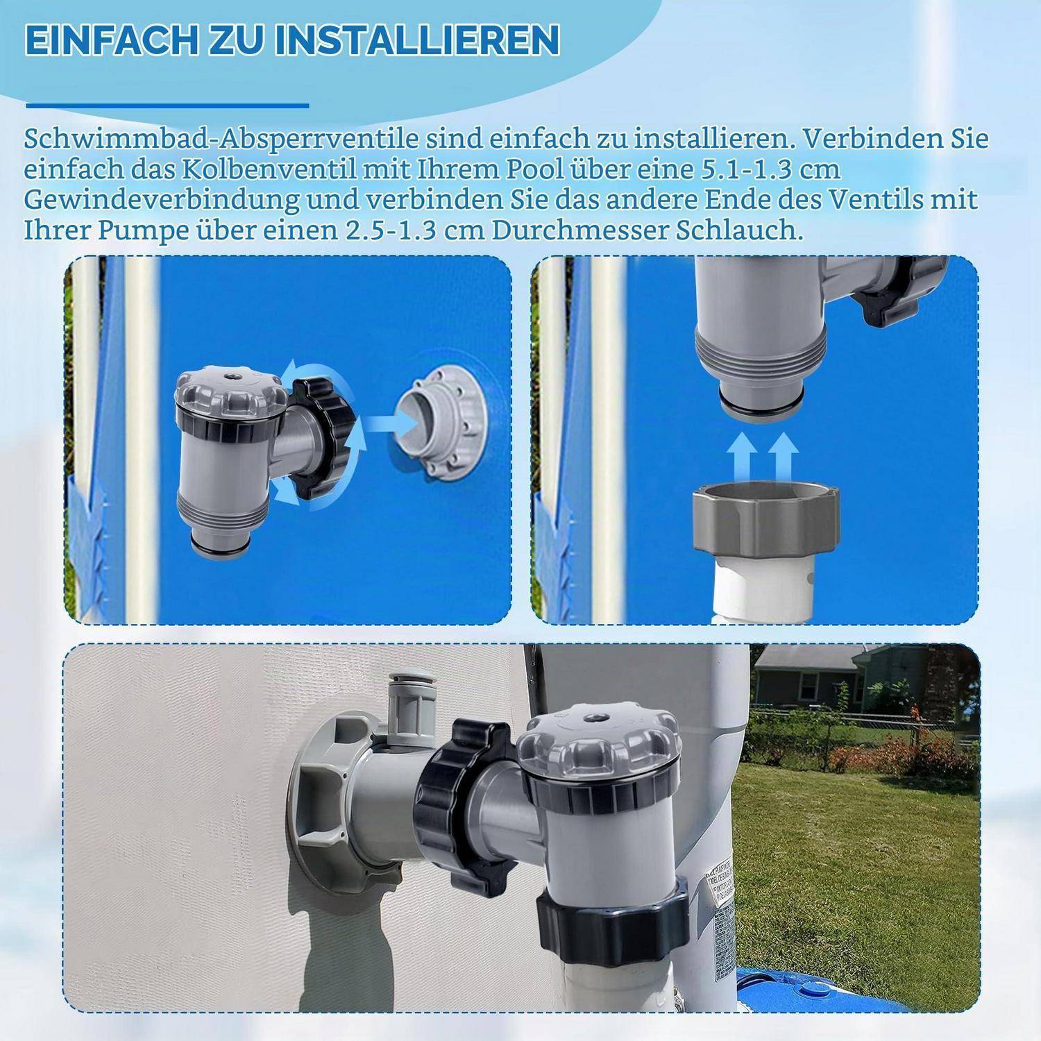 Illustrierte Installationsanleitung für Bypass-Ventil mit deutschem Text, das zeigt, wie das Ventil mit Pool und Pumpe unter Verwendung von 5,1–1,3 cm und 2,5–1,3 cm Schläuchen verbunden wird.