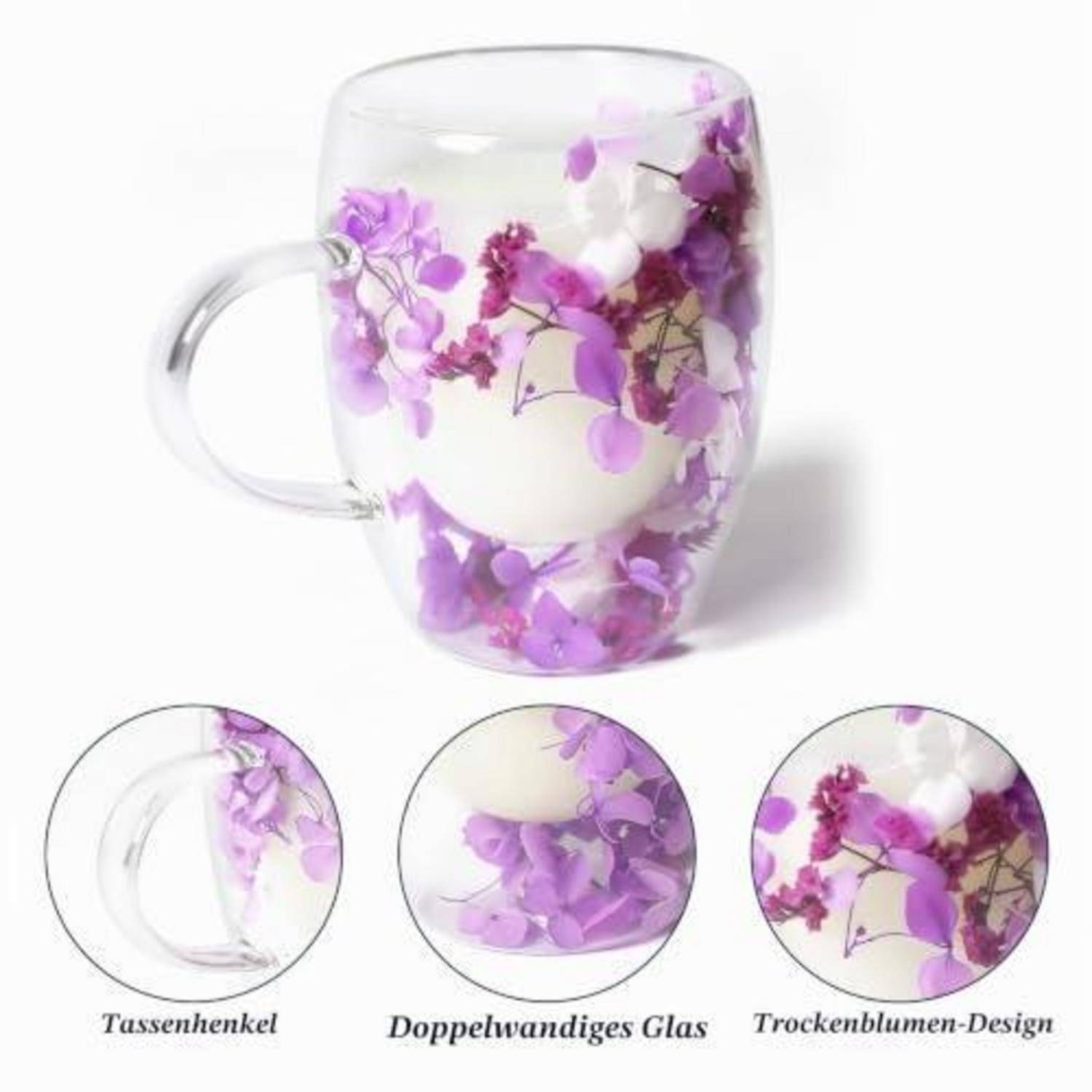 Transparente doppelwandige Glastasse mit violettem Trockenblumendesign und Griff, gezeigt in mehreren Nahaufnahmen mit deutschen Beschriftungen.