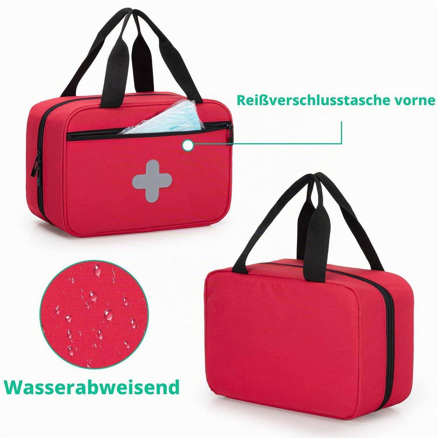 Rote wasserdichte Erste-Hilfe-Tasche mit schwarzen Griffen und Reißverschluss, von vorne und hinten gezeigt, mit deutschen Beschriftungen 'Reißverschlussstasche vorne' und 'Wasserabweisend'.