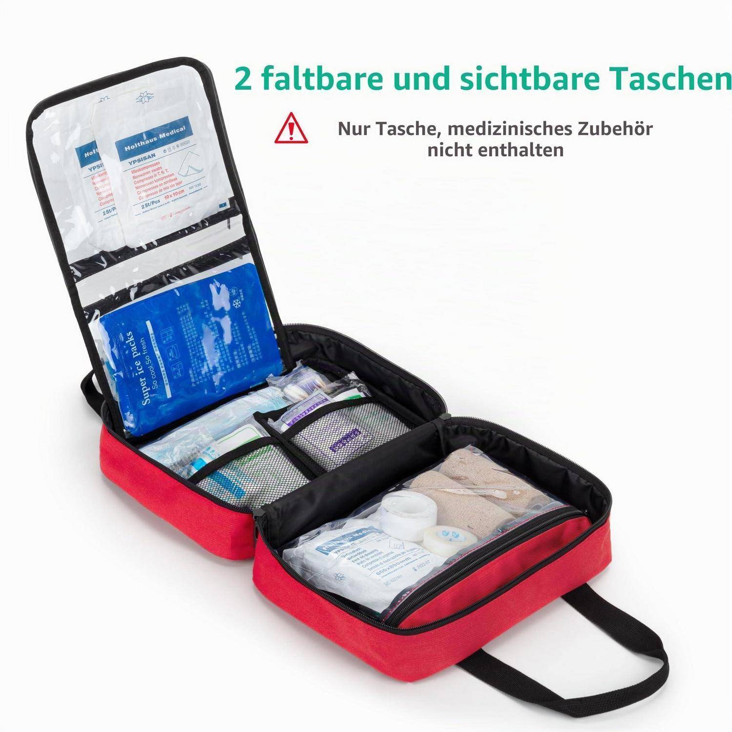 Offene rote Erste-Hilfe-Tasche mit zwei sichtbaren Fächern und durchsichtigen Taschen, gezeigt mit Vorräten im Inneren; Text sagt "2 faltbare und sichtbare Taschen"" und ""Nur Tasche, medizinisches Zubehör nicht enthalten"".
