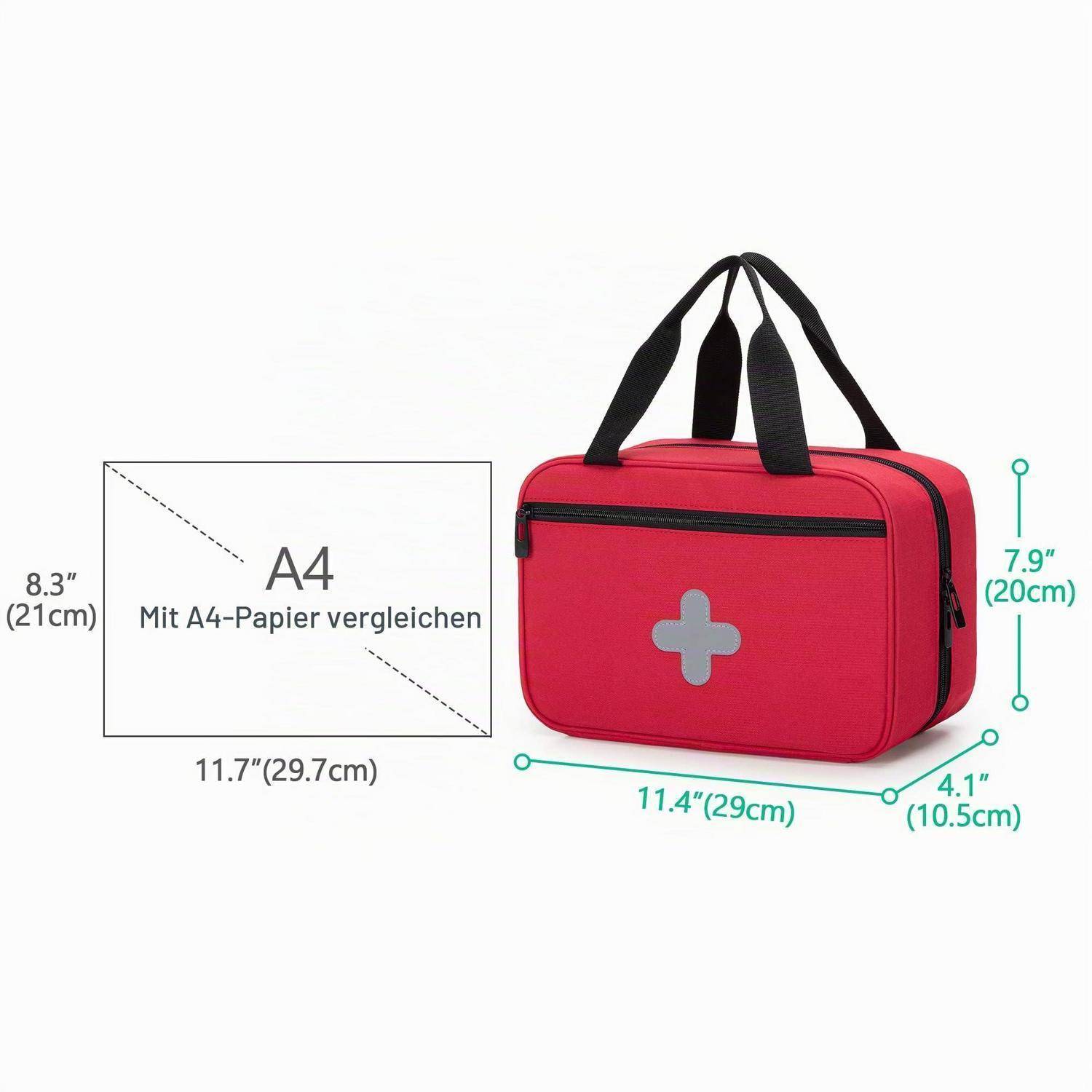 Rote Erste-Hilfe-Tasche mit schwarzen Griffen und einem vorderen Kreuzemblem, mit Abmessungen von 11,4 x 4,1 x 7,9 Zoll, im Vergleich zu A4-Papier.