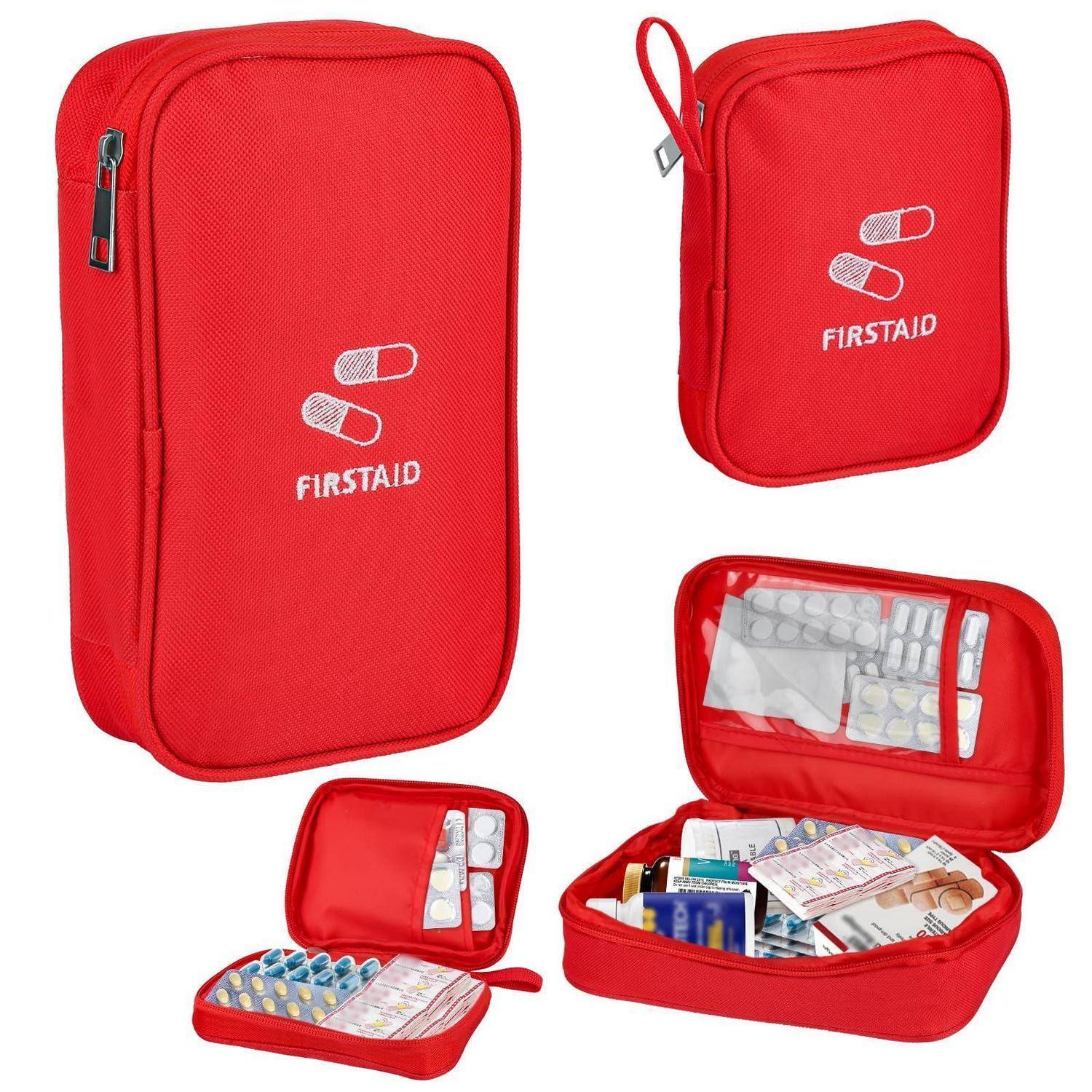 Collage eines roten Erste-Hilfe-Koffers mit der Aufschrift „FIRSTAID