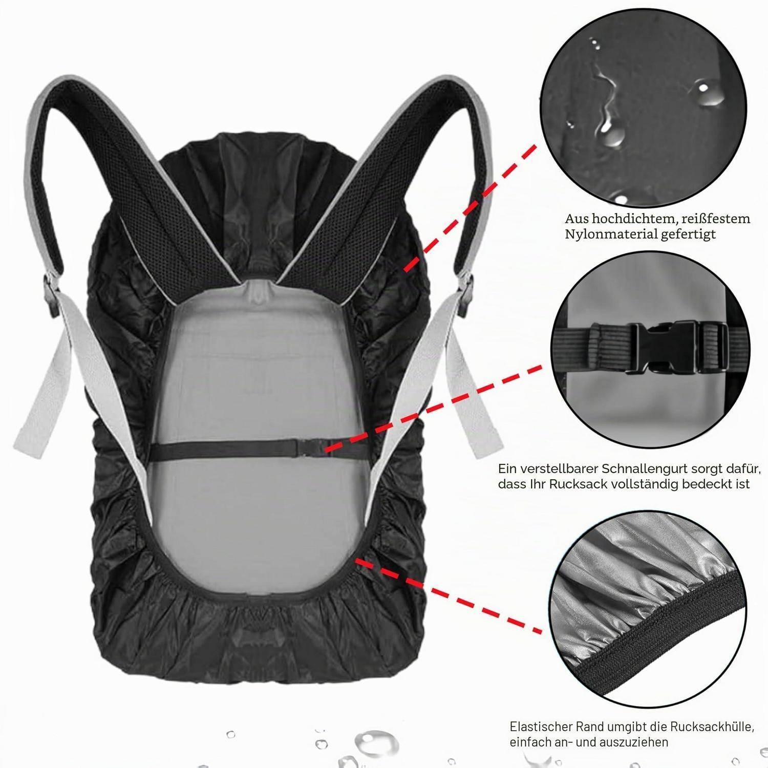Schwarze wasserdichte Rucksack-Regenabdeckung in Vorderansicht gezeigt, mit verstellbarem Riemenverschluss und elastischem Rand; Ausschnitte heben wasserbeständiges Nylonmaterial und sichere Passform hervor.