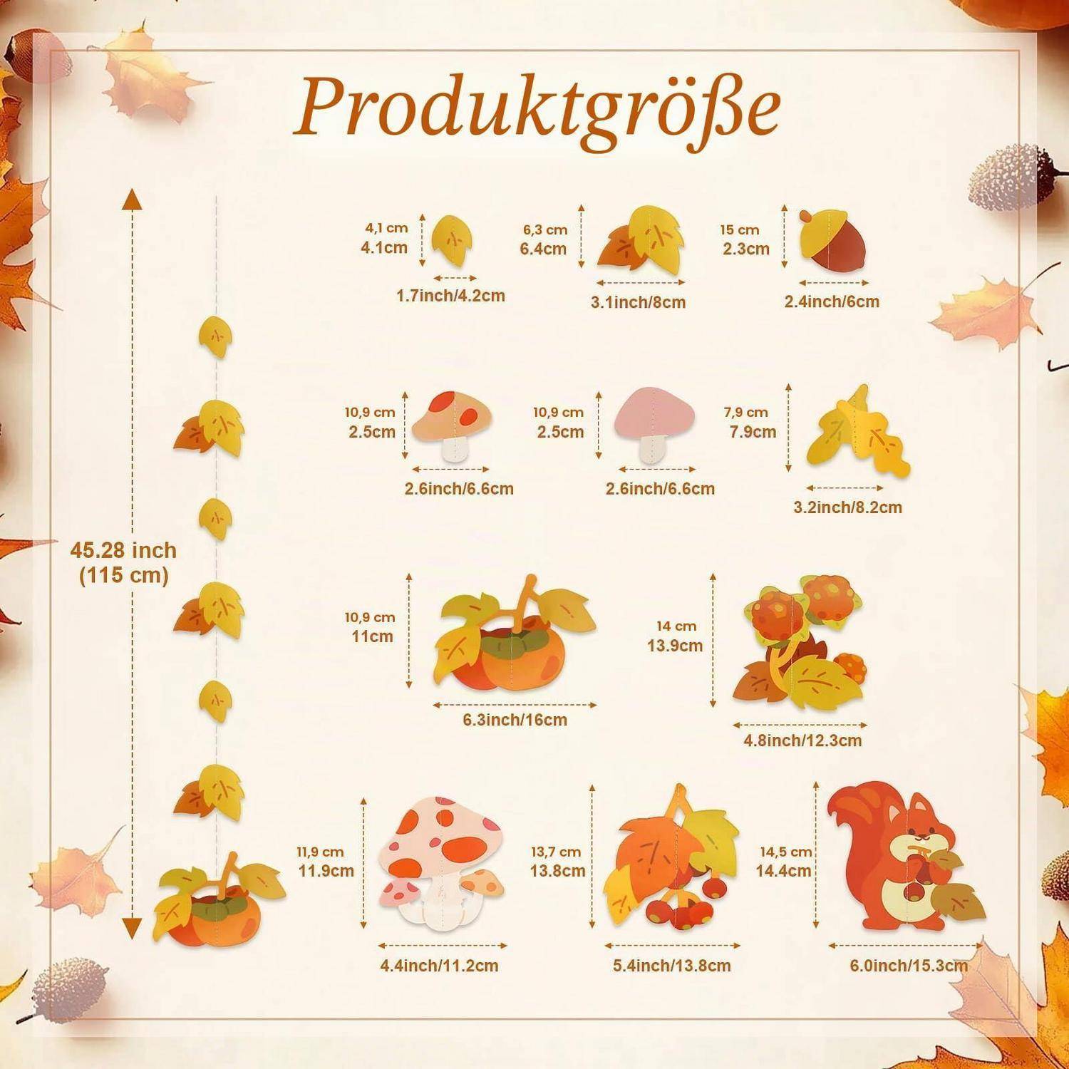 Infografik mit dem Titel "Produktgröße"" zeigt Halloween-Dekoration mit Höhen- und Breitenmessungen in cm und Zoll, einschließlich hängender Blattgirlande, Pilze, Kürbis und Eichhörnchen.
