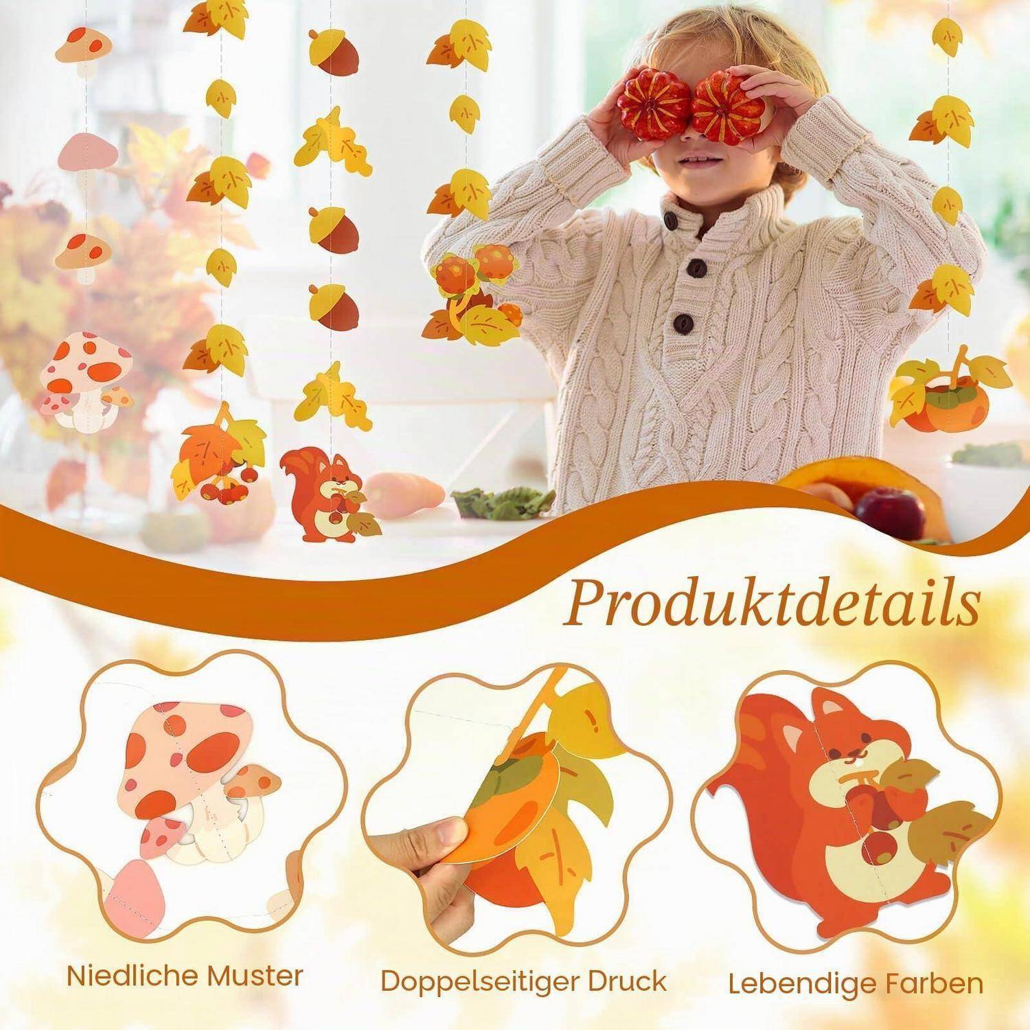Werbebild eines Kindes mit Herbstlaubbrille, das von hängenden Herbstdekorationen umgeben ist; unteres Panel zeigt drei blattförmige Ausschnitte mit den Beschriftungen „Niedliche Muster", „Doppelseitiger Druck"", „Lebendige Farben"".