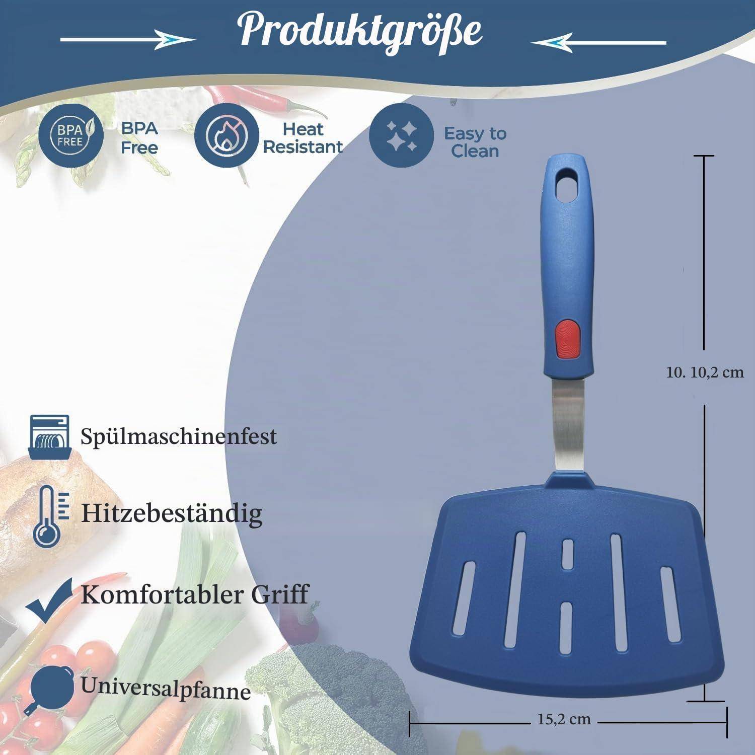 Produktgrößendiagramm eines blauen Schlitzspachtels, gekennzeichnet mit 10,2 cm Höhe und 15,2 cm Breite, mit Symbolen, die BPA-frei, hitzebeständig, leicht zu reinigen, spülmaschinenfest und ergonomischer Griff angeben.