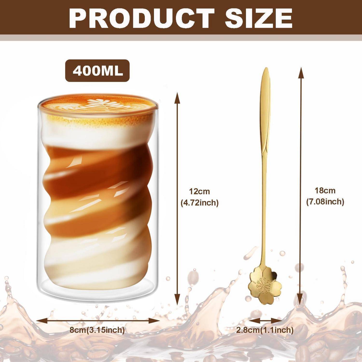 Produktgrößen-Grafik für einen 400-ml-Glasbecher und einen Löffel: Der Becher ist 12 cm groß und 8 cm breit; der Löffel ist 18 cm lang und 2,8 cm breit.