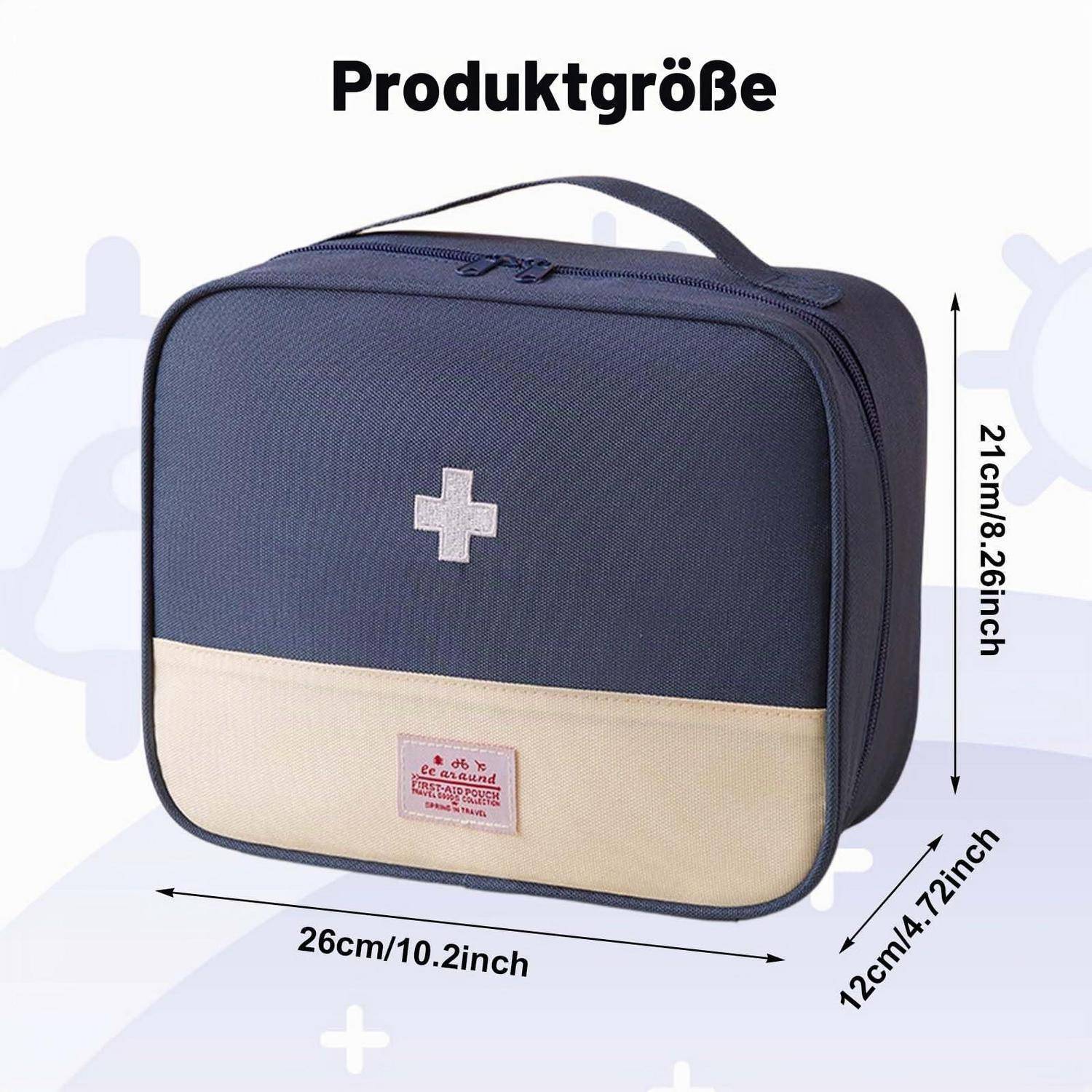 Produktgrößen-Grafik mit einer dunkelblau und beigen medizinischen Tasche mit weißem Kreuz; Abmessungen sind 26 cm breit, 21 cm hoch und 12 cm tief.