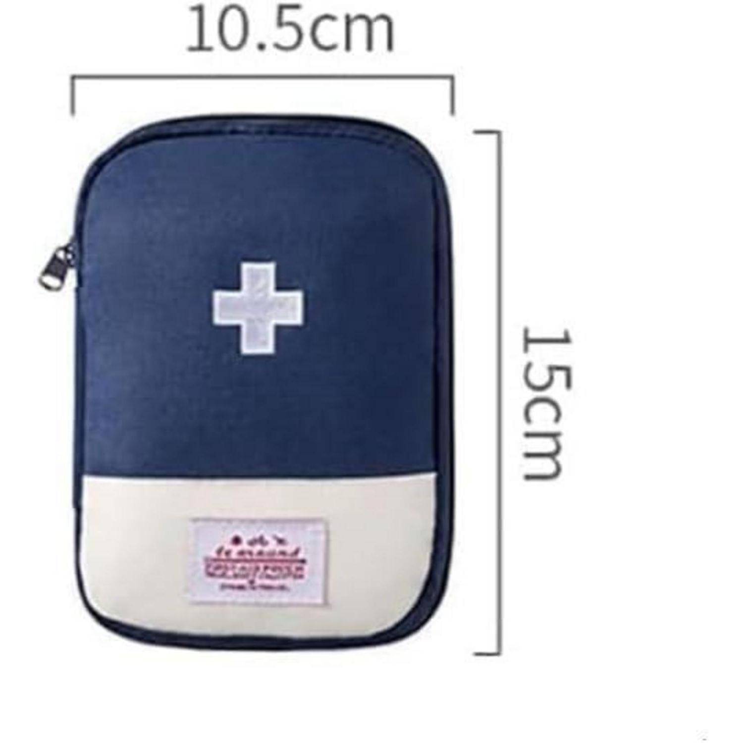 Blaue und weiße Erste-Hilfe-Tasche mit Reißverschluss und weißem Kreuz, mit Beschriftung 10,5 cm breit und 15 cm hoch.