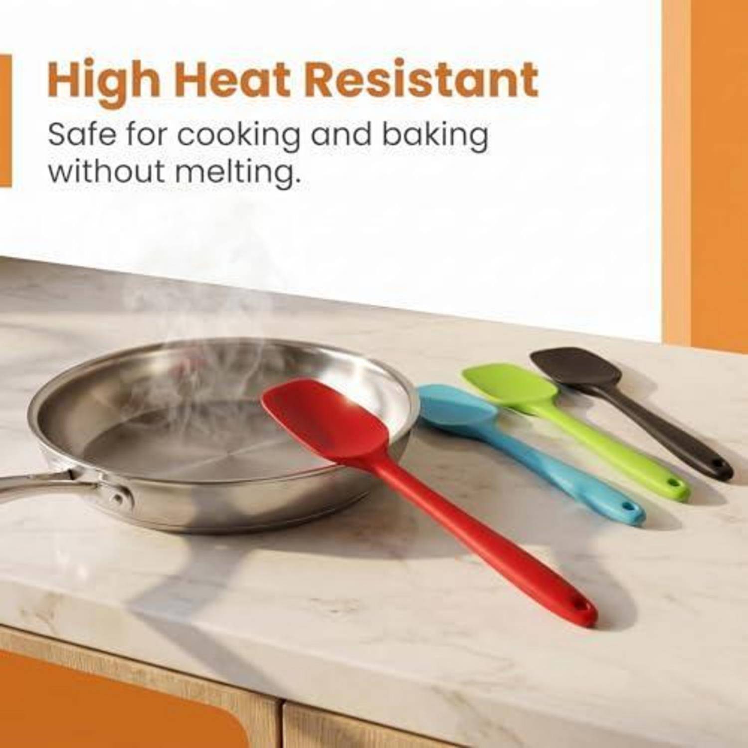 Dampfpfanne mit bunten Utensilien und Text „Hochtemperaturbeständig