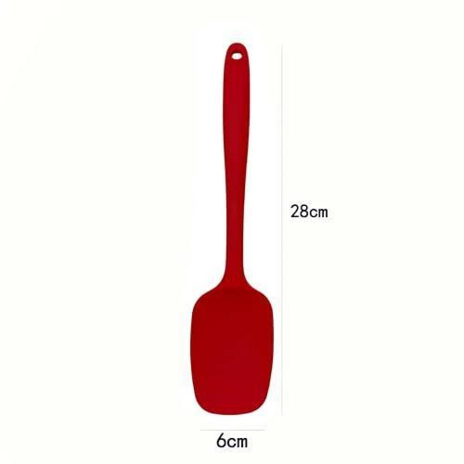 Rotes Silikon-Spachtel vertikal dargestellt, mit Beschriftung 28 cm hoch und 6 cm breit.