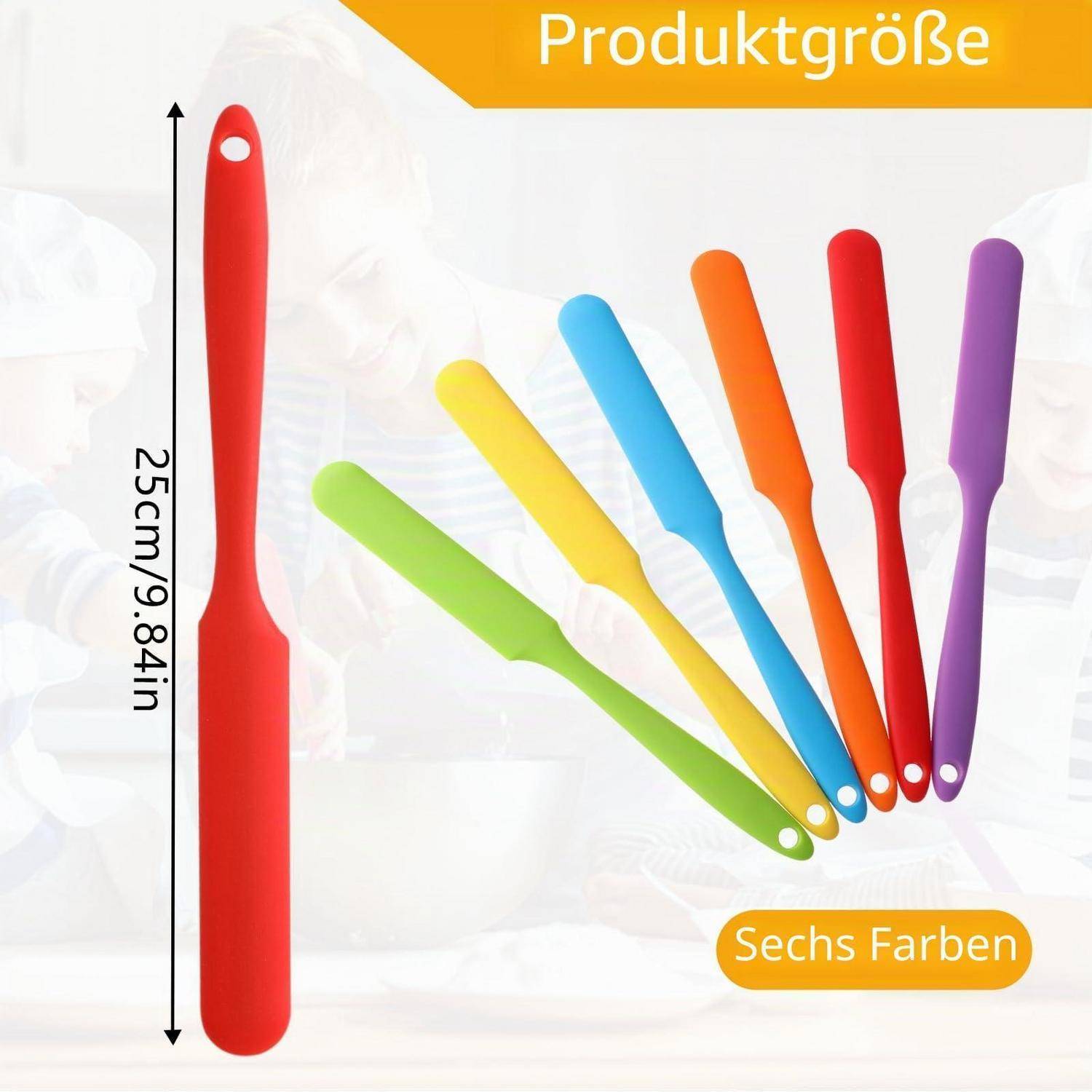 Produktgrößendarstellung einer 25 cm (9,84 Zoll) großen Silikon-Spatel, dargestellt in sechs Farben mit dem Etikett „Sechs Farben