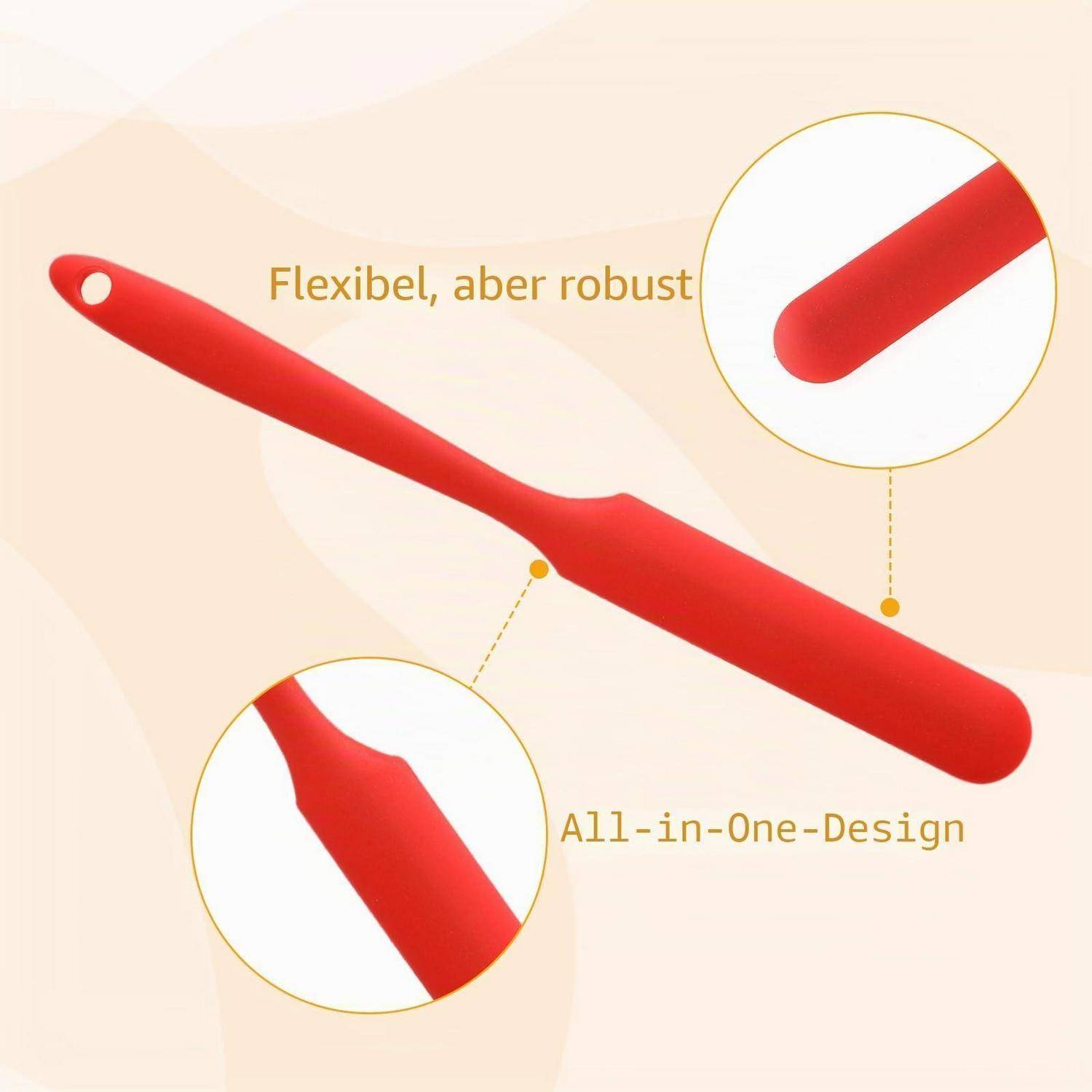 Rote Silikonspachtel, diagonal dargestellt, mit Hinweisen auf die Merkmale „Flexibel, aber robust
