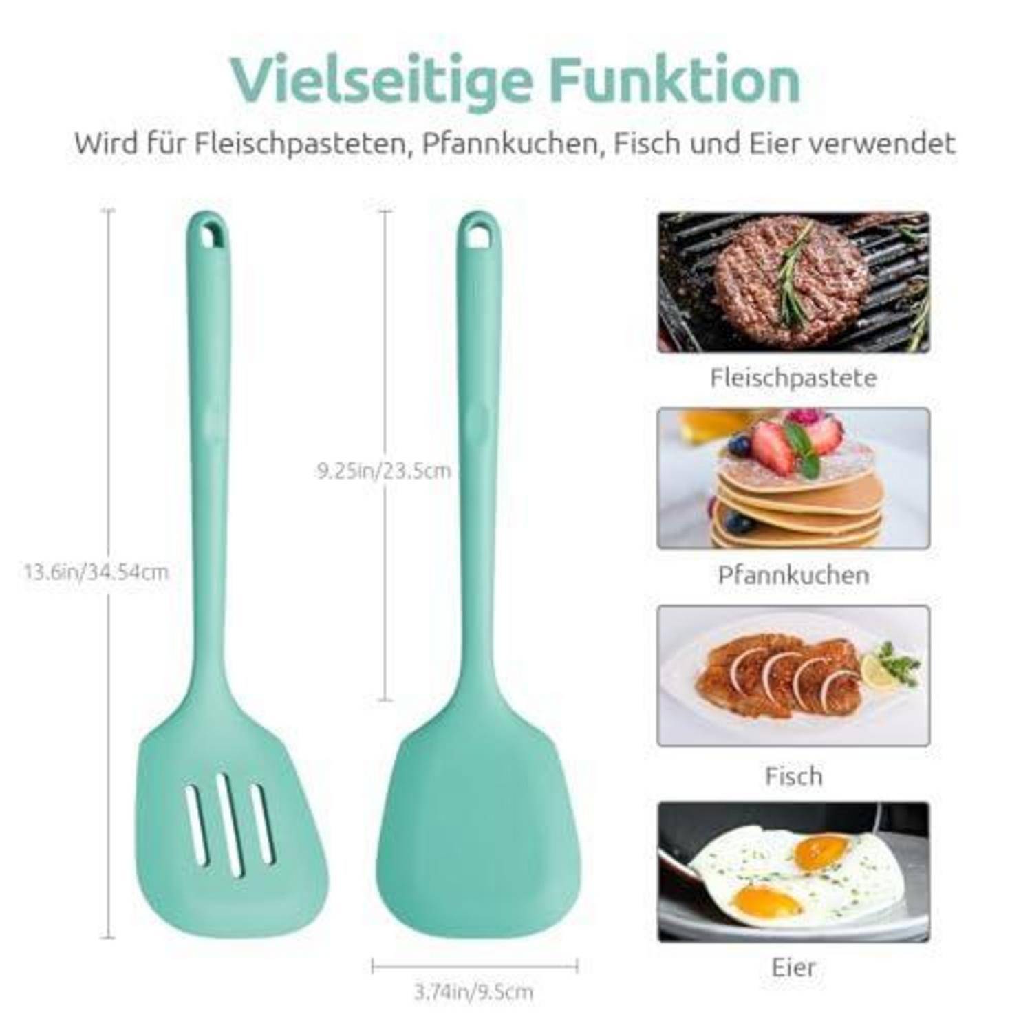 Produktgrafik für einen mintgrünen Pfannenwender mit Schlitzen, beschriftet mit „Vielseitige Funktion